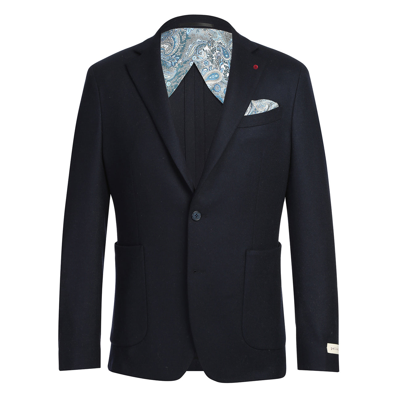 The Pellagio Men's Slim Fit Riserva Jacket Navy PF25-18W by Pellagio is displayed on a mannequin, paired with a white dress shirt, striped tie, and patterned pocket square.