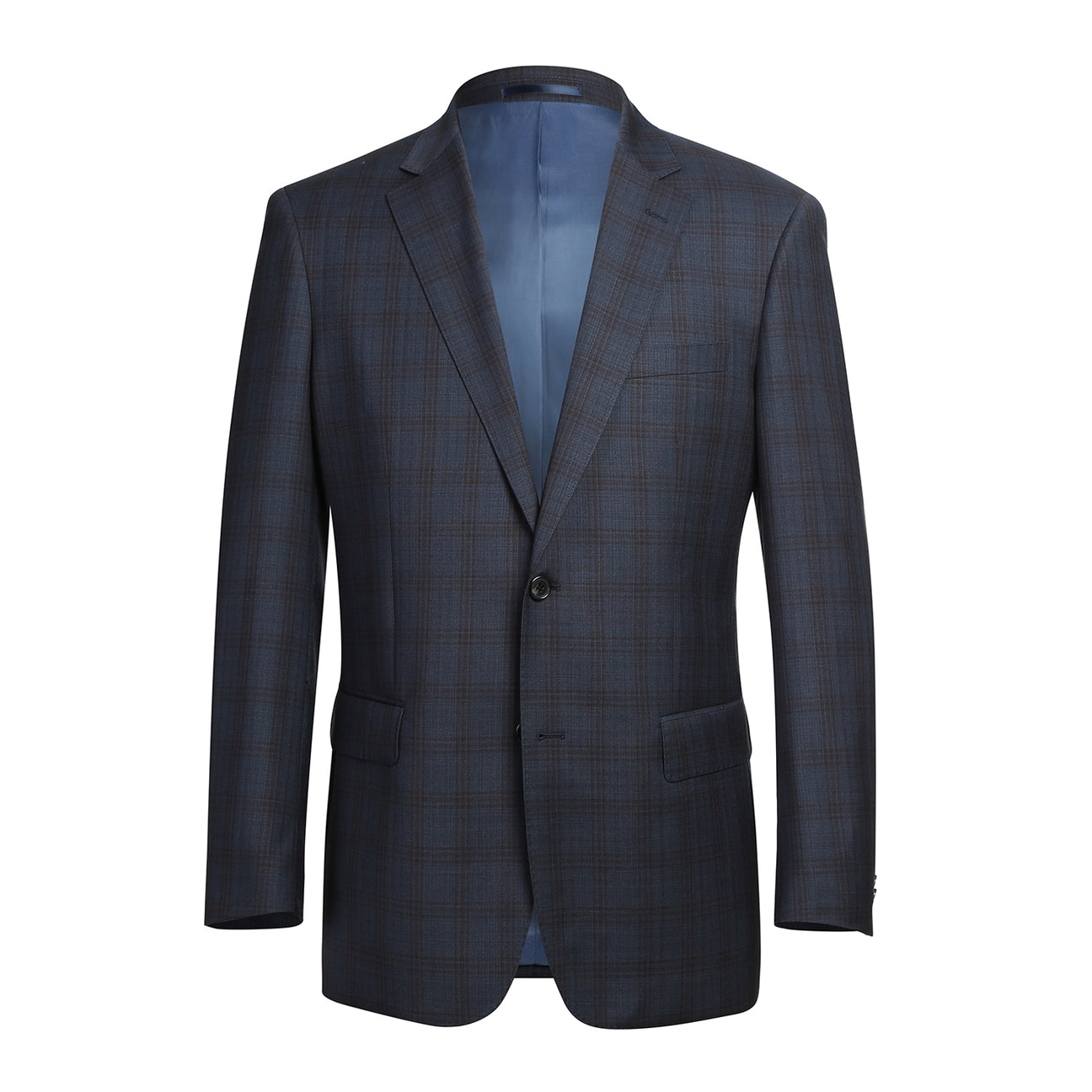 The Alessandro Vitello by Renoir 2-Piece Classic Fit Wool Suit, made from 100% Wool Super 140's, features a dark plaid pattern with a notch lapel and single button closure. It's paired with a white dress shirt and brown patterned tie on a mannequin displaying its 2B side-vented design.