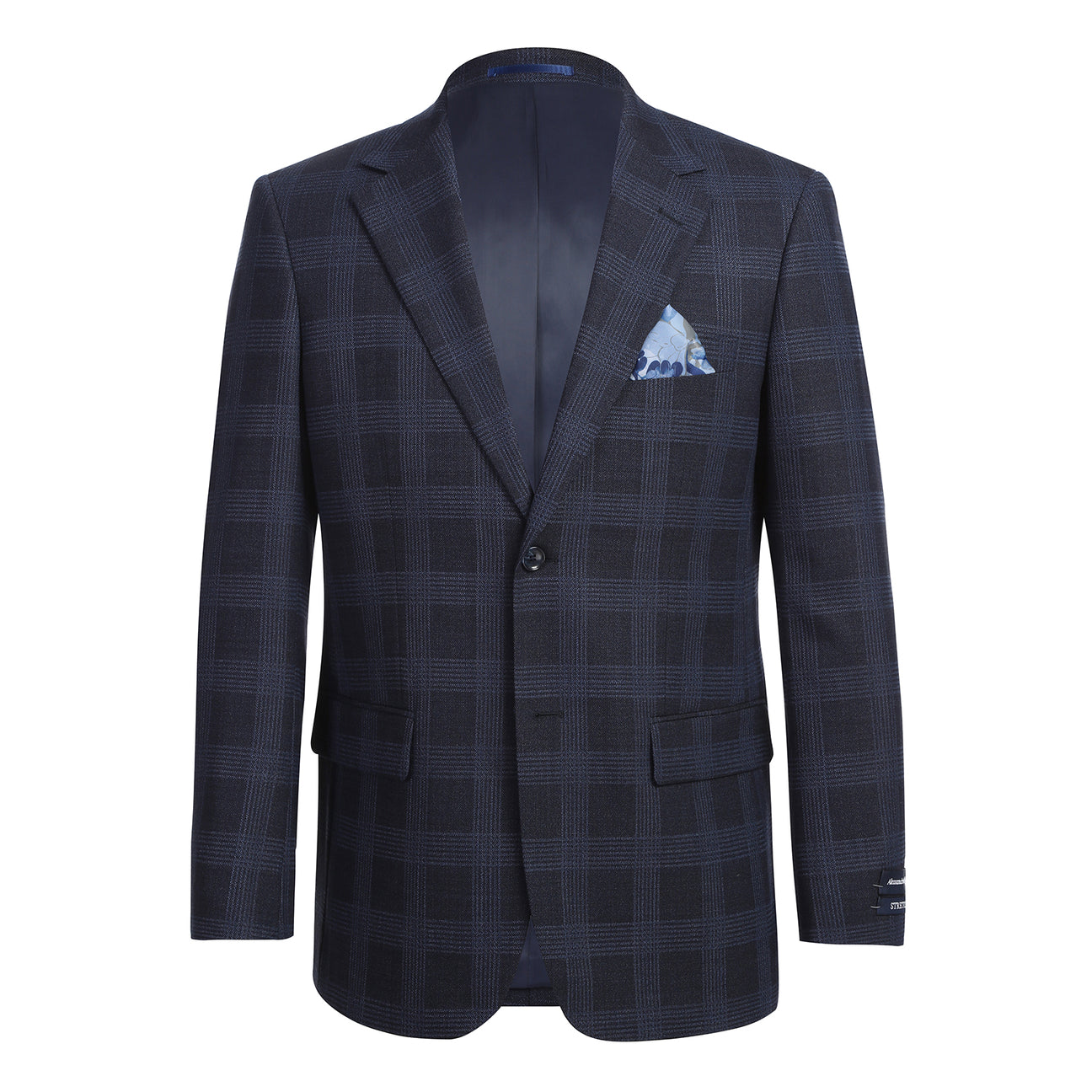 The Renoir Alessandro Vitello New Slim Fit Wool Navy Blazer 565-19 is shown on a mannequin with a white dress shirt, red polka dot tie, and blue pocket square.