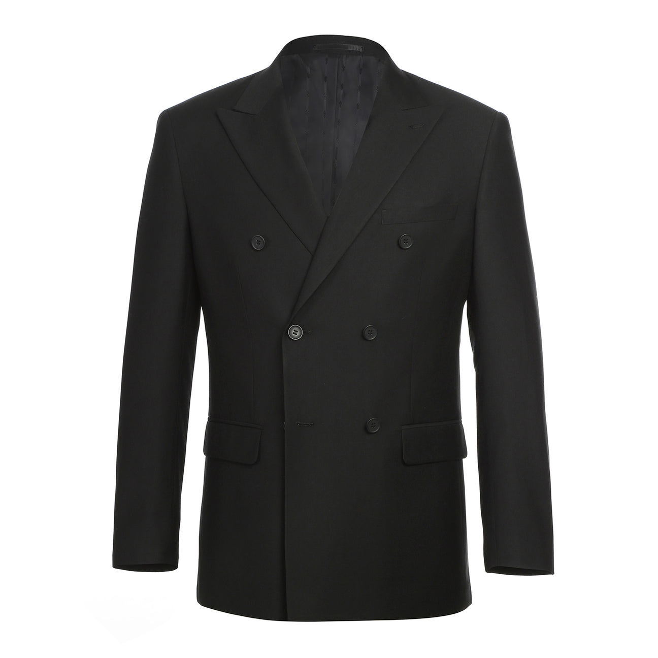 The Alessandro Vitello by Renoir Double-Breasted Peak Lapel Slim Fit Black Suit 201-1 is showcased with a white dress shirt and patterned bow tie—a sophisticated Renoir two-piece ideal for formal events.