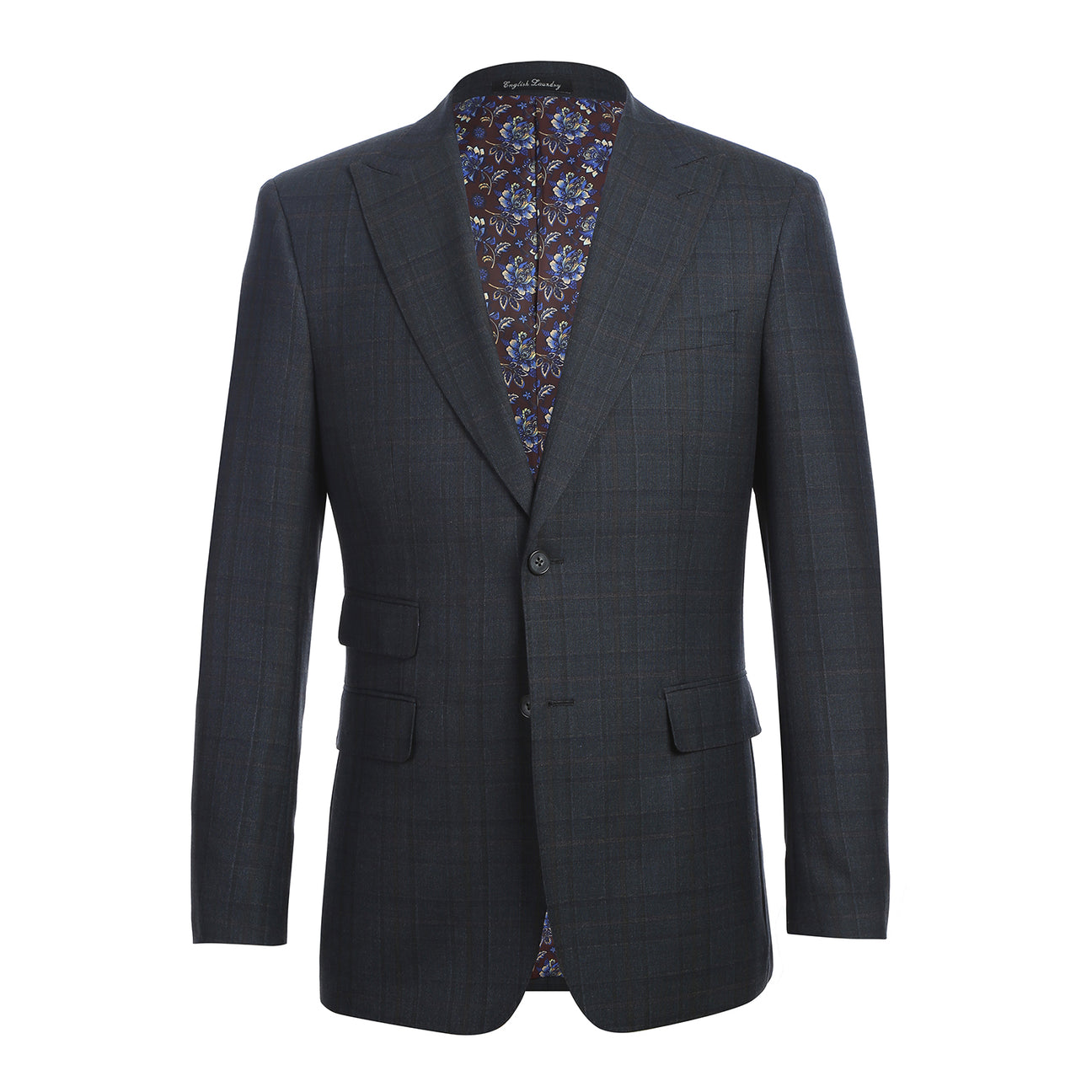 The ENGLISH LAUNDRY Dark Navy Check Suit EL12-56-475 by English Laundry is displayed on a mannequin with notched lapels, a white shirt, and striped tie—a sharp, modern two-button suit perfect for any occasion.