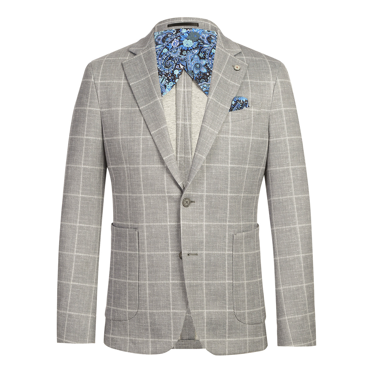 The Pellagio Men's Half Canvas Blazer Gray PS25-4 features a slim fit with a gray plaid pattern, displayed on a mannequin styled with a white shirt, red patterned tie, and blue pocket square.