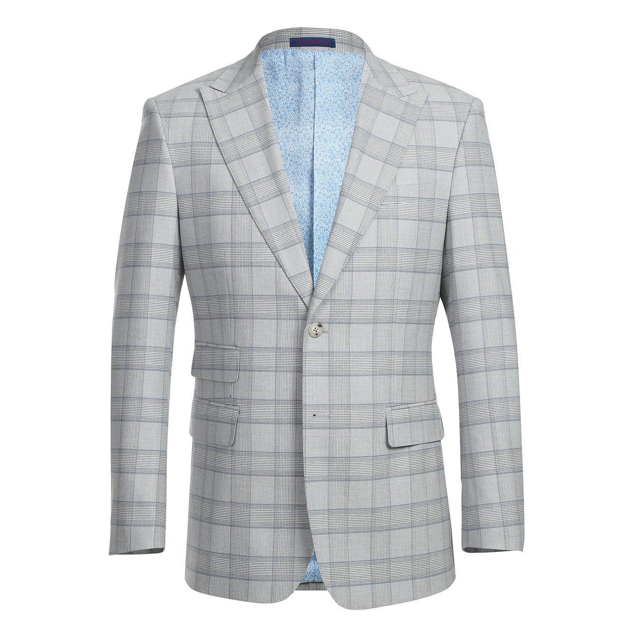 The English Laundry ENGLISH LAUNDRY TR Suit 12-66-092EL slim fit light gray plaid jacket, with a two-button closure, is displayed on a mannequin, paired with a white dress shirt and dark gray tie.