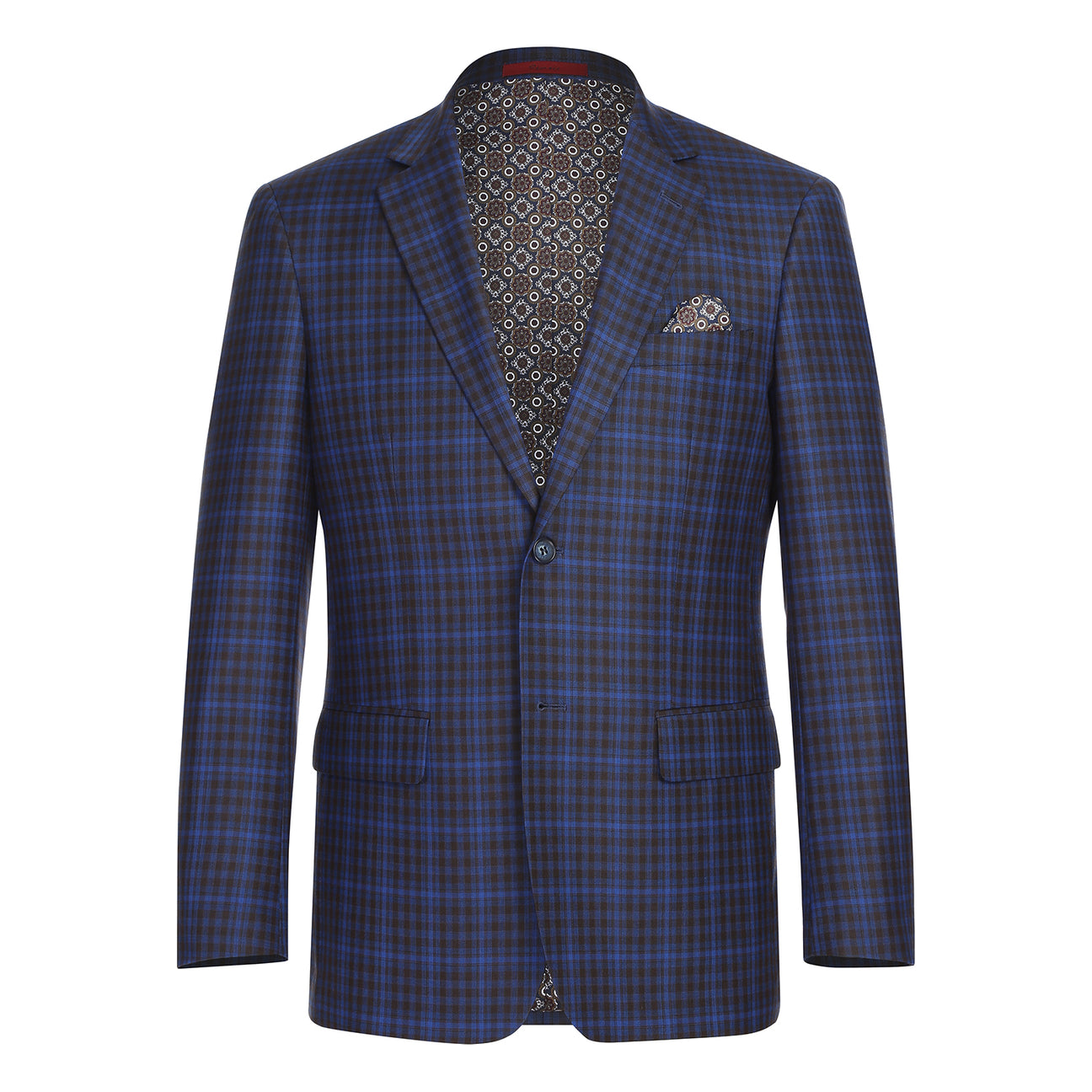 A mannequin is styled in the Renoir Alessandro Vitello New Slim Fit Blazer Blue 294-49, featuring a crisp white shirt, a striped tie, and a patterned pocket square. The sophisticated notch lapel adds an elegant touch.