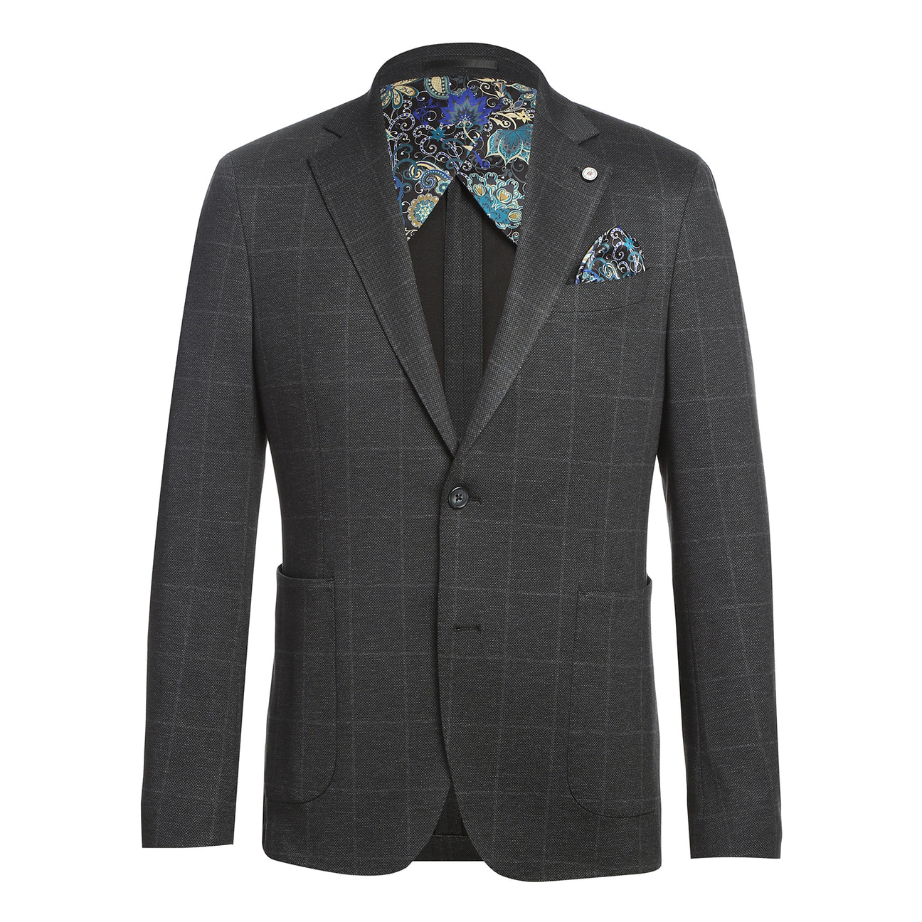 The Pellagio Ink Blue Men's Half Canvas Blazer PF24-7, featuring a single-breasted design and notched lapel, drapes elegantly on the mannequin over a crisp white shirt. A red polka dot tie and patterned pocket square complete the sophisticated ensemble.