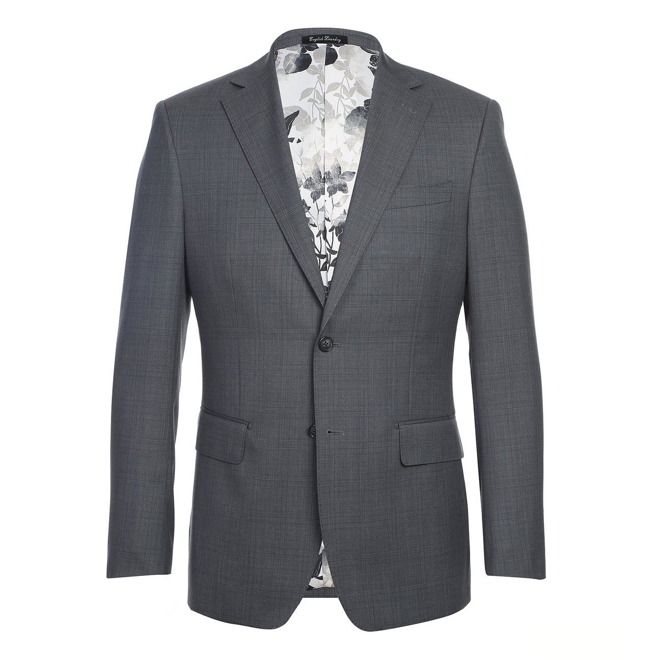 The English Laundry Grey Wool Suit EL92-58-095 features a slim fit, notch lapels, two buttons, and flap pockets. Crafted from 90% wool, it's displayed over a white dress shirt and navy striped tie on a mannequin.