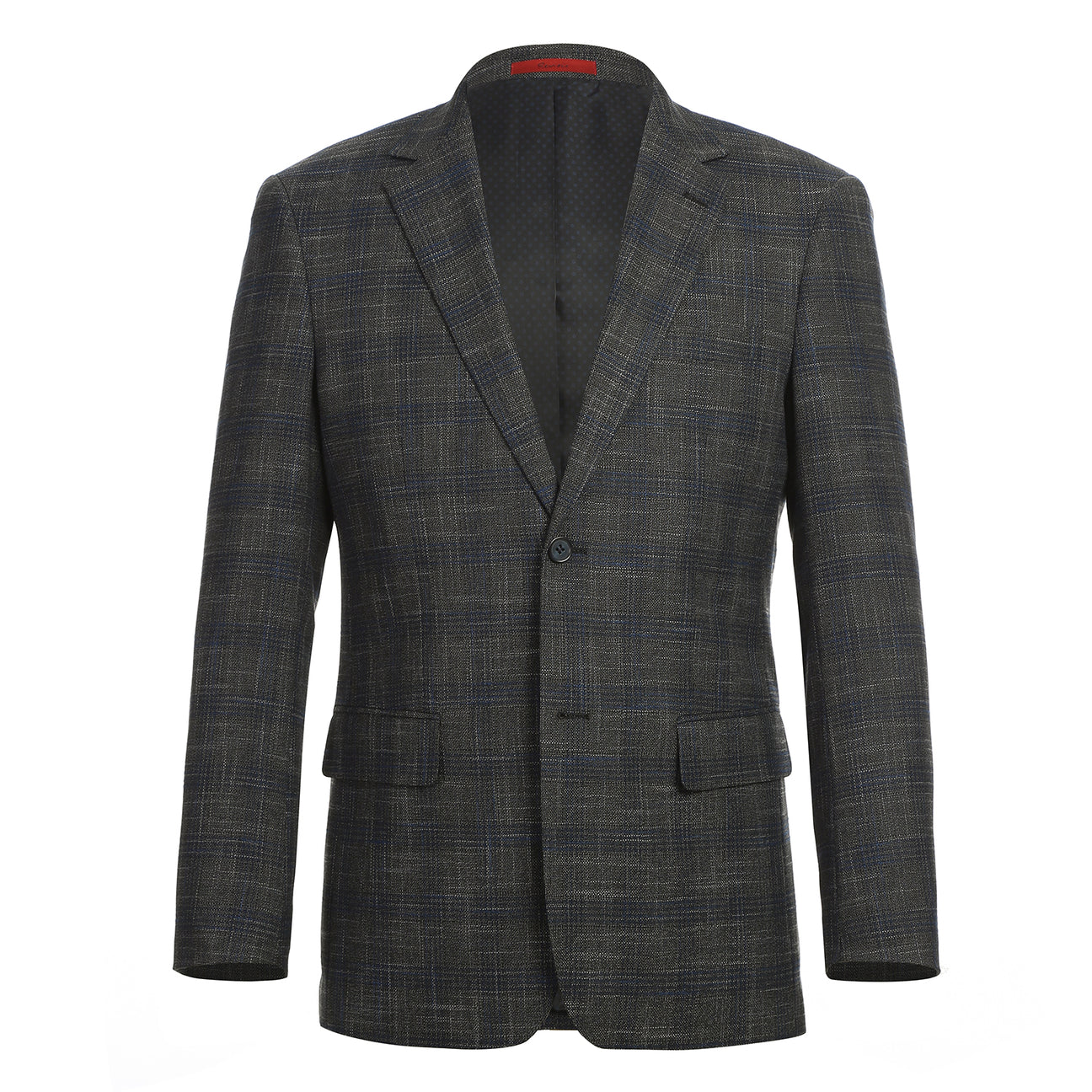 The Alessandro Vitello by Renoir New Slim Fit Gray Blue Blazer 294-39 is a single-breasted, slim fit jacket with a notch lapel, two front buttons, and flap pockets, shown in a dark plaid pattern on a white background.