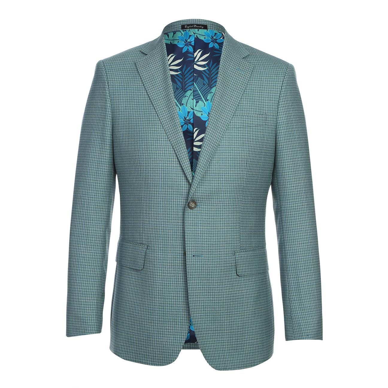 The ENGLISH LAUNDRY Grey Wool Suit EL92-53-341 by English Laundry features a slim fit wool jacket with notch lapels, styled on a mannequin with a white dress shirt and red patterned tie for a modern, tailored look.