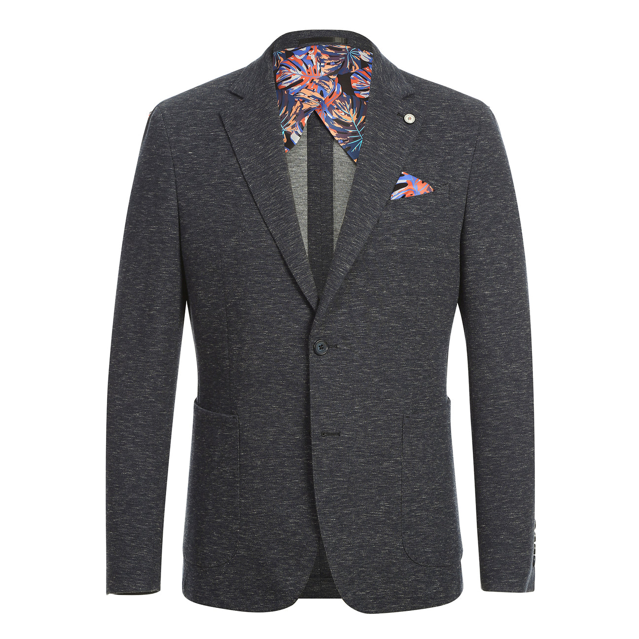 The Pellagio Men's Half Canvas Blazer Gray Blue PF24-1, a slim fit with notched lapel, is showcased on a mannequin with a white shirt, striped tie, and colorful pocket square.