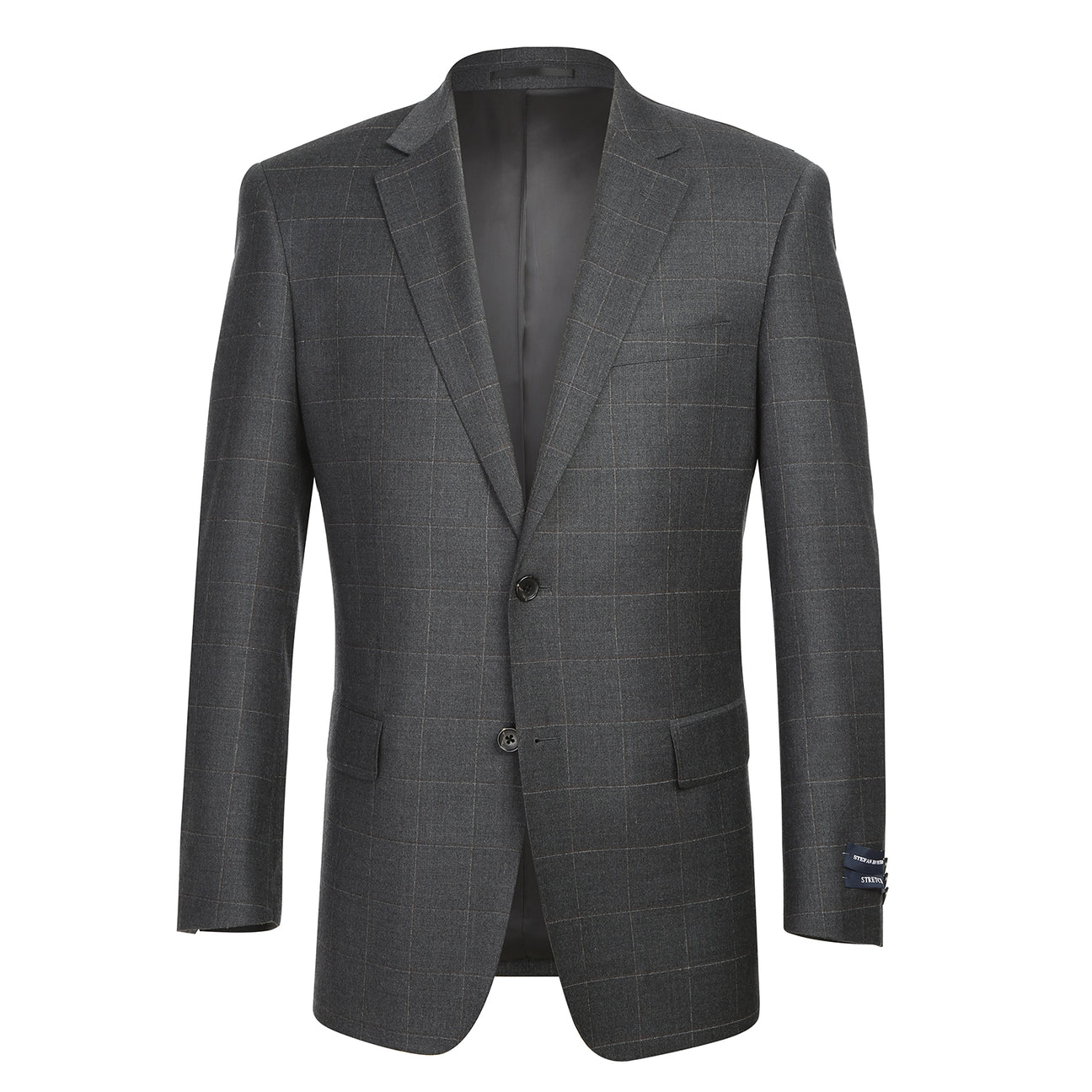 The Renoir Alessandro Vitello Classic Fit Wool Gray Suit 566-6 features a dark gray plaid jacket, paired with a white shirt and blue patterned tie, shown on a mannequin—ideal for those seeking a timeless men's single-breasted suit.