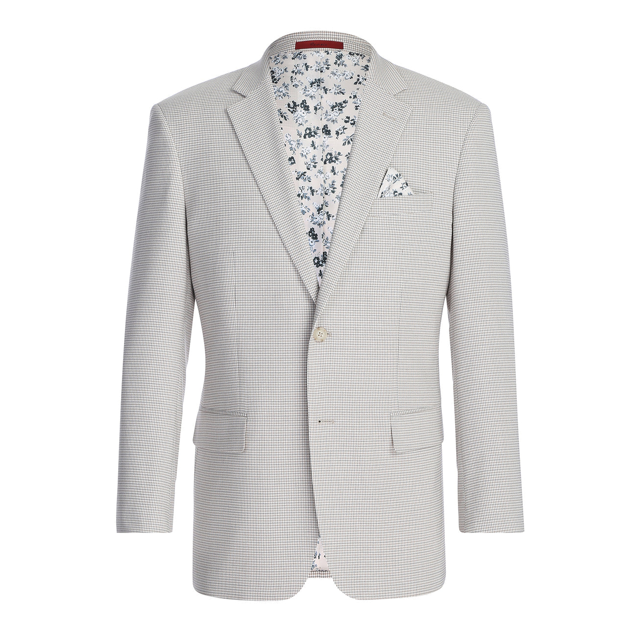 The Alessandro Vitello by Renoir Classic Fit Bib Light Beige Blazer 294-66 is displayed with a white dress shirt, dark patterned tie, and pocket square. This Renoir blazer features a notch lapel, two-button closure, and classic fit style.