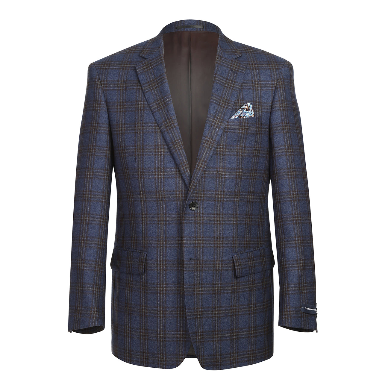 The Alessandro Vitello ALESSANDRO VITELLO Classic Fit Wool Blue Black Blazer 565-10 features a dark blue plaid design with notch lapel, styled with a white shirt, red patterned tie, and pocket square on a mannequin against a plain white background.
