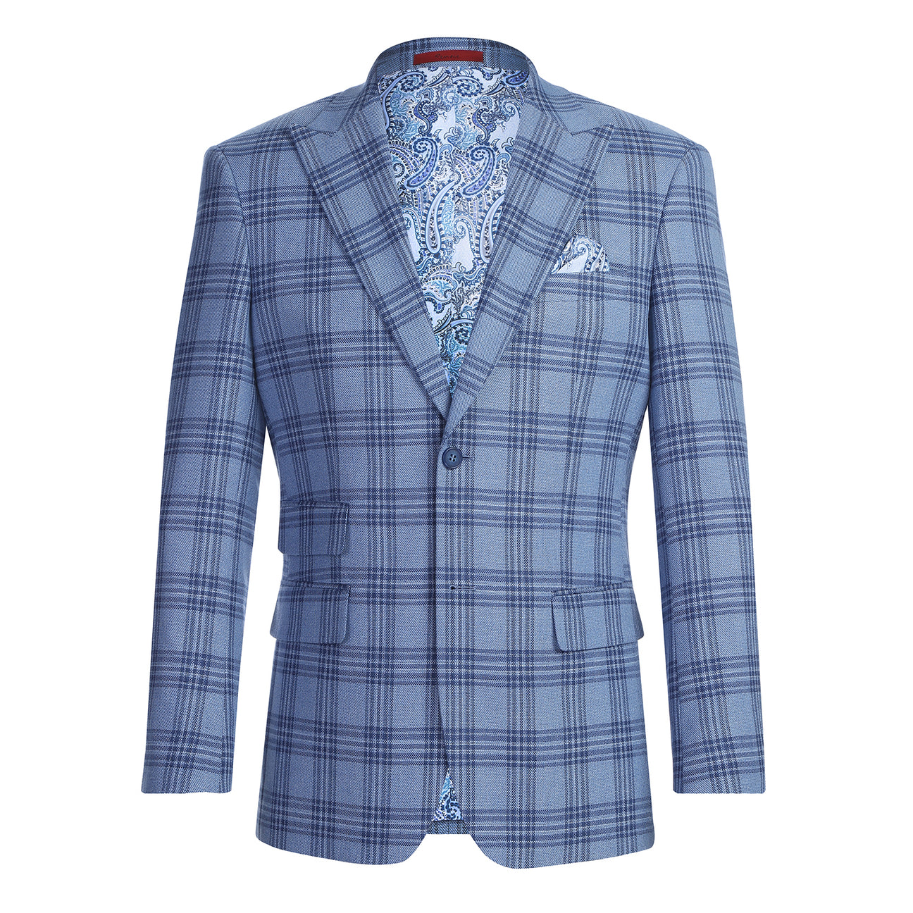 The Alessandro Vitello by Renoir New Slim Fit Blue Blazer 294-63 from Renoir, featuring notch lapels, is shown on a faceless mannequin with a white shirt and blue tie.