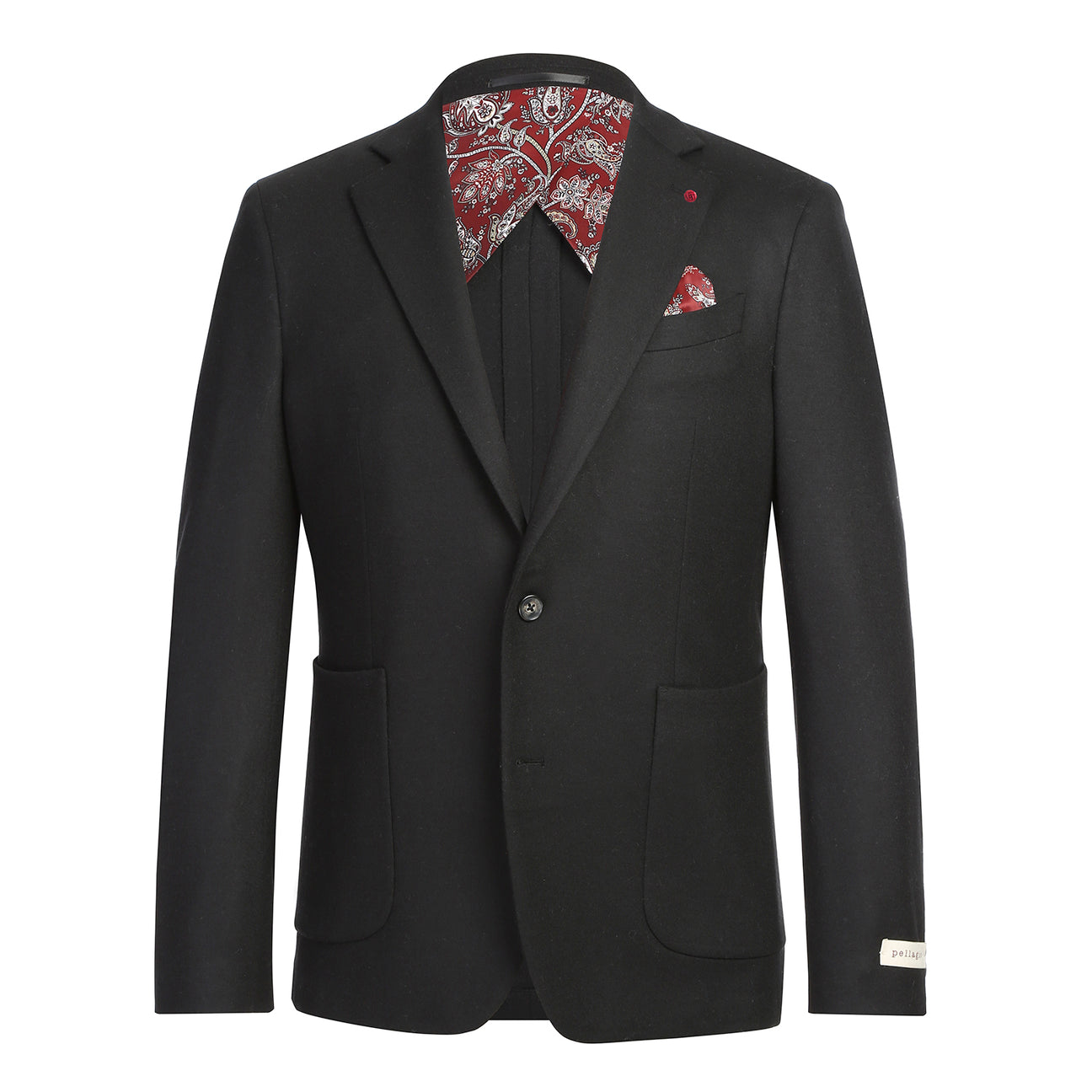 The Pellagio Men's Slim Fit Riserva Jacket Black PF25-17W by Pellagio, styled with a white dress shirt, striped orange tie, and patterned pocket square, is displayed on a headless mannequin.