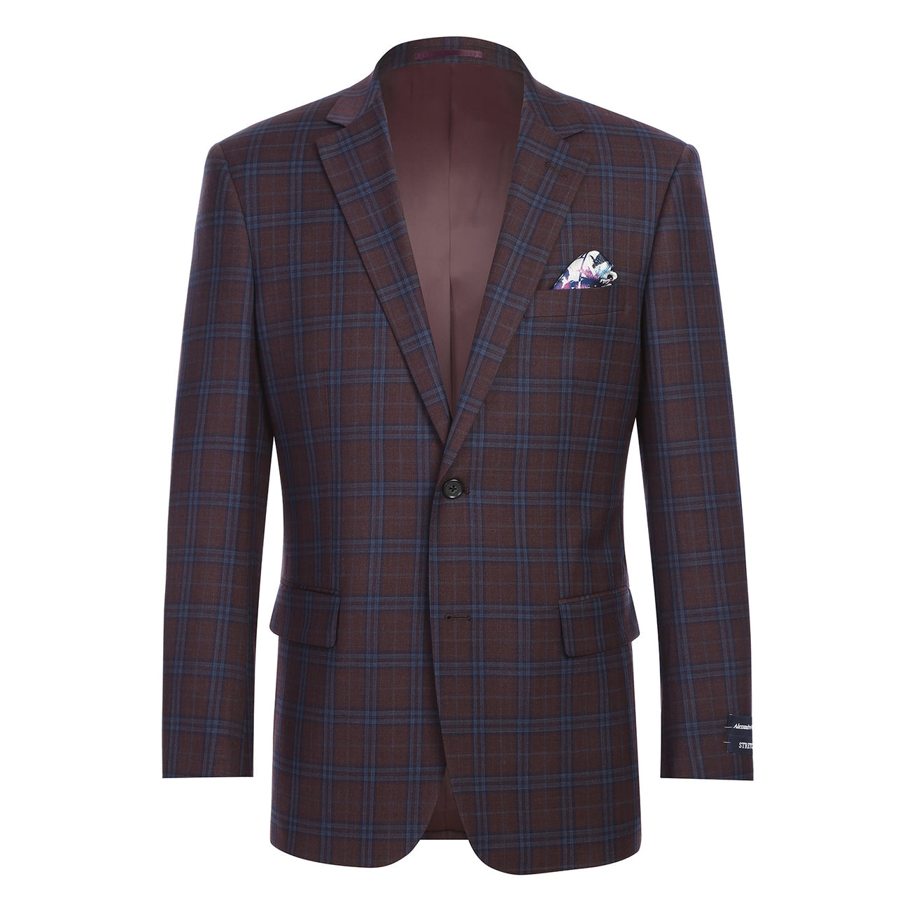 Plaid suit jacket with a purple tie and pocket square on a mannequin, with close-up details of the fabric and brand label.