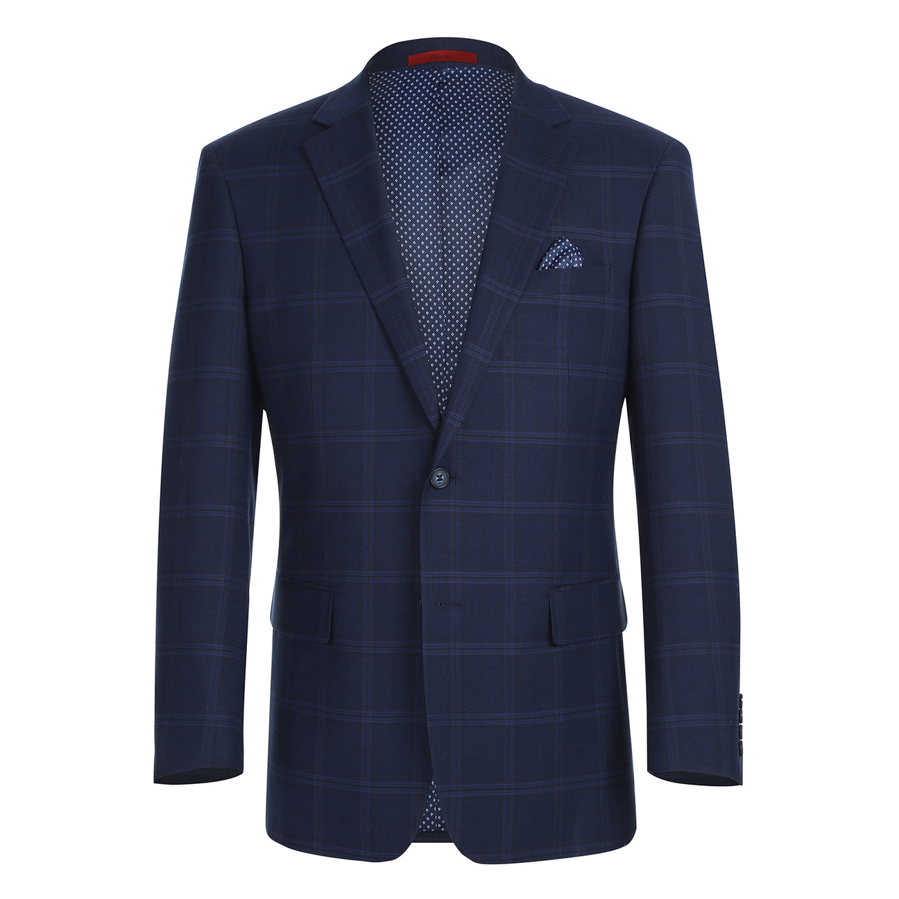 The Renoir Alessandro Vitello Classic Fit Galaxy Blue Suit 293-41 is displayed on a mannequin with a white dress shirt, maroon polka dot tie, and matching pocket square.