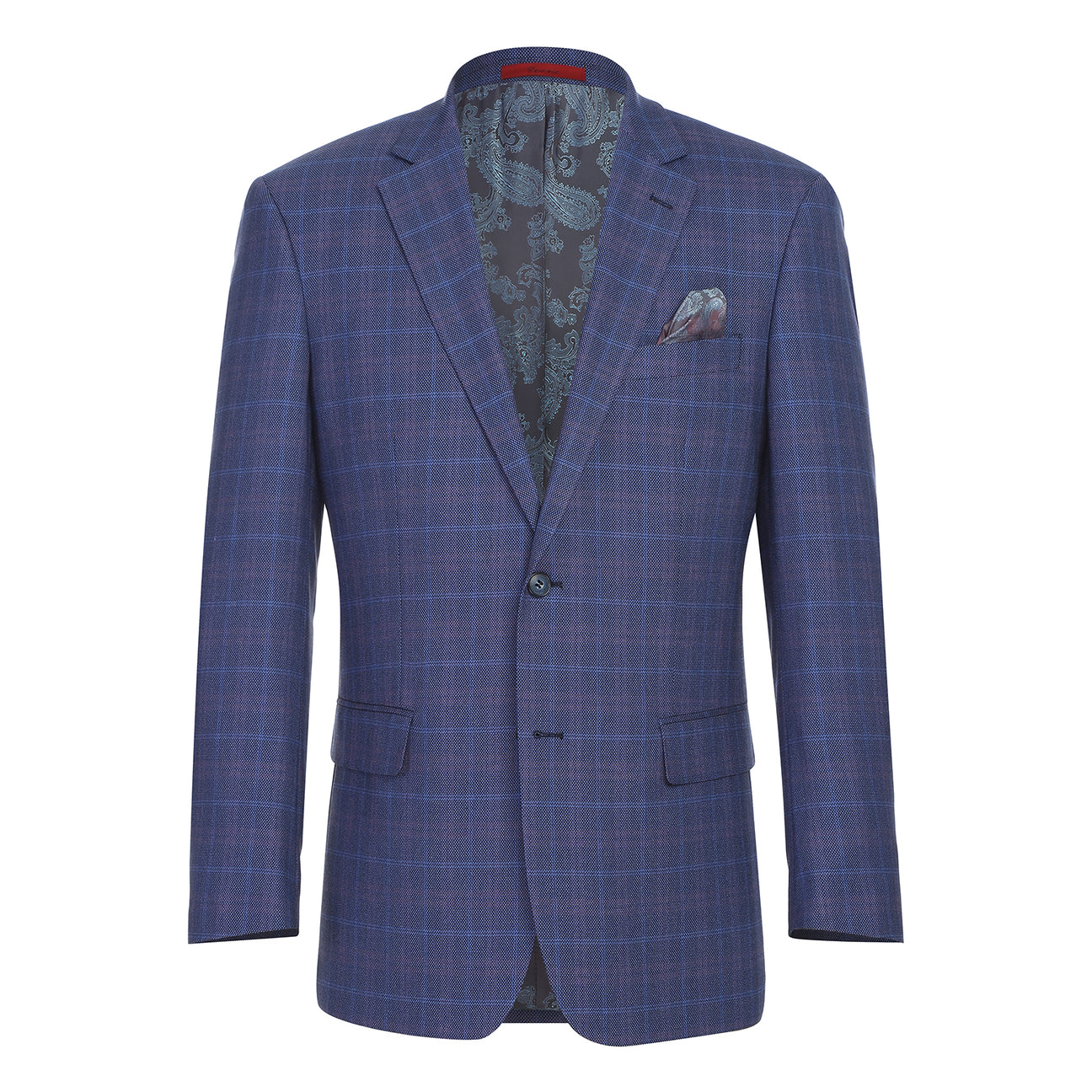 The Alessandro Vitello by Renoir Classic Fit Blazer Blue 294-47 features a notch lapel, paisley lining, two-button closure, and includes a pocket square in the breast pocket.