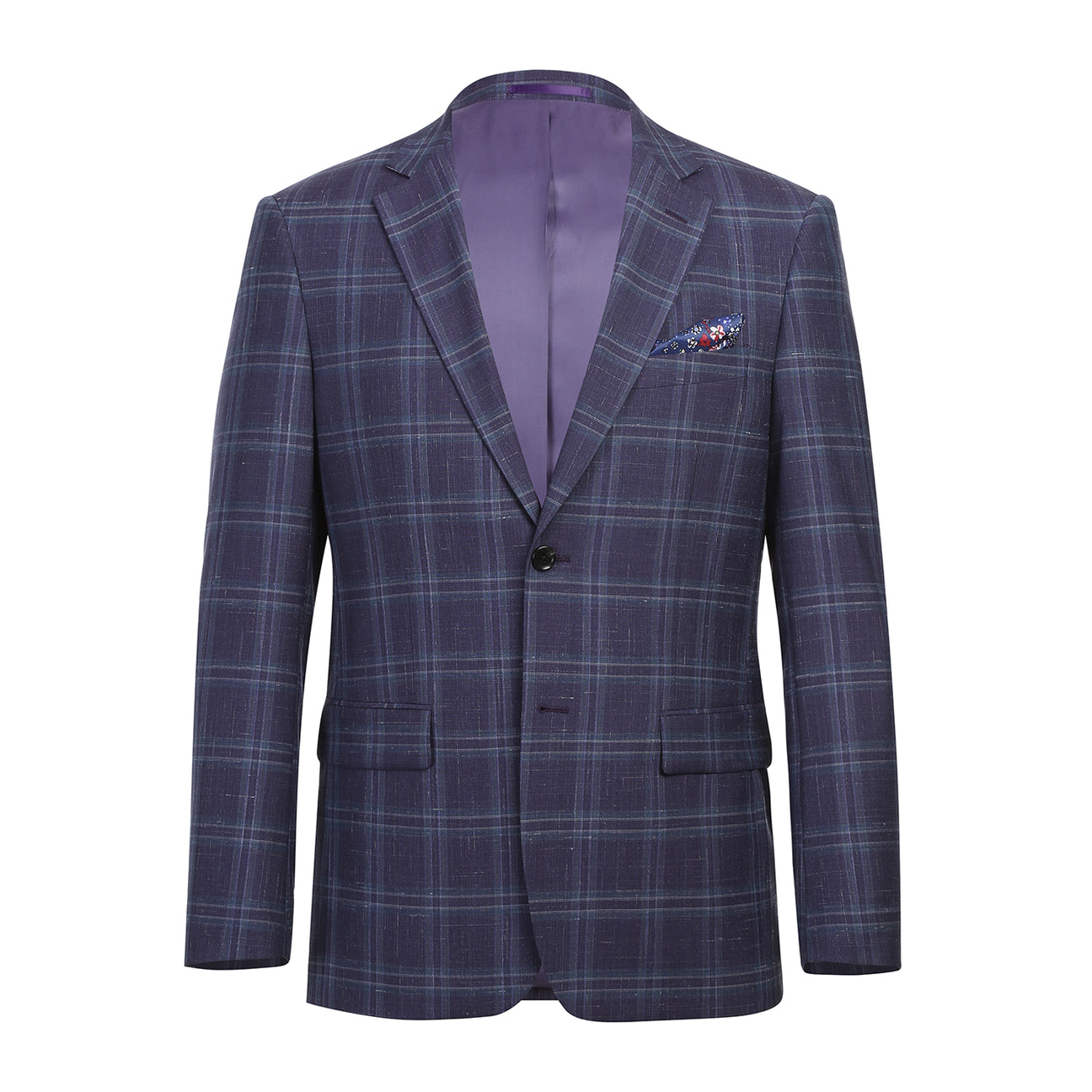 The Alessandro Vitello by Renoir New Slim Fit Wool Blazer Purple Blue 565-6 is displayed on a mannequin, highlighting its slim fit and single-breasted design. It includes a white shirt, red tie, pocket square, notch lapel, and two-button closure.