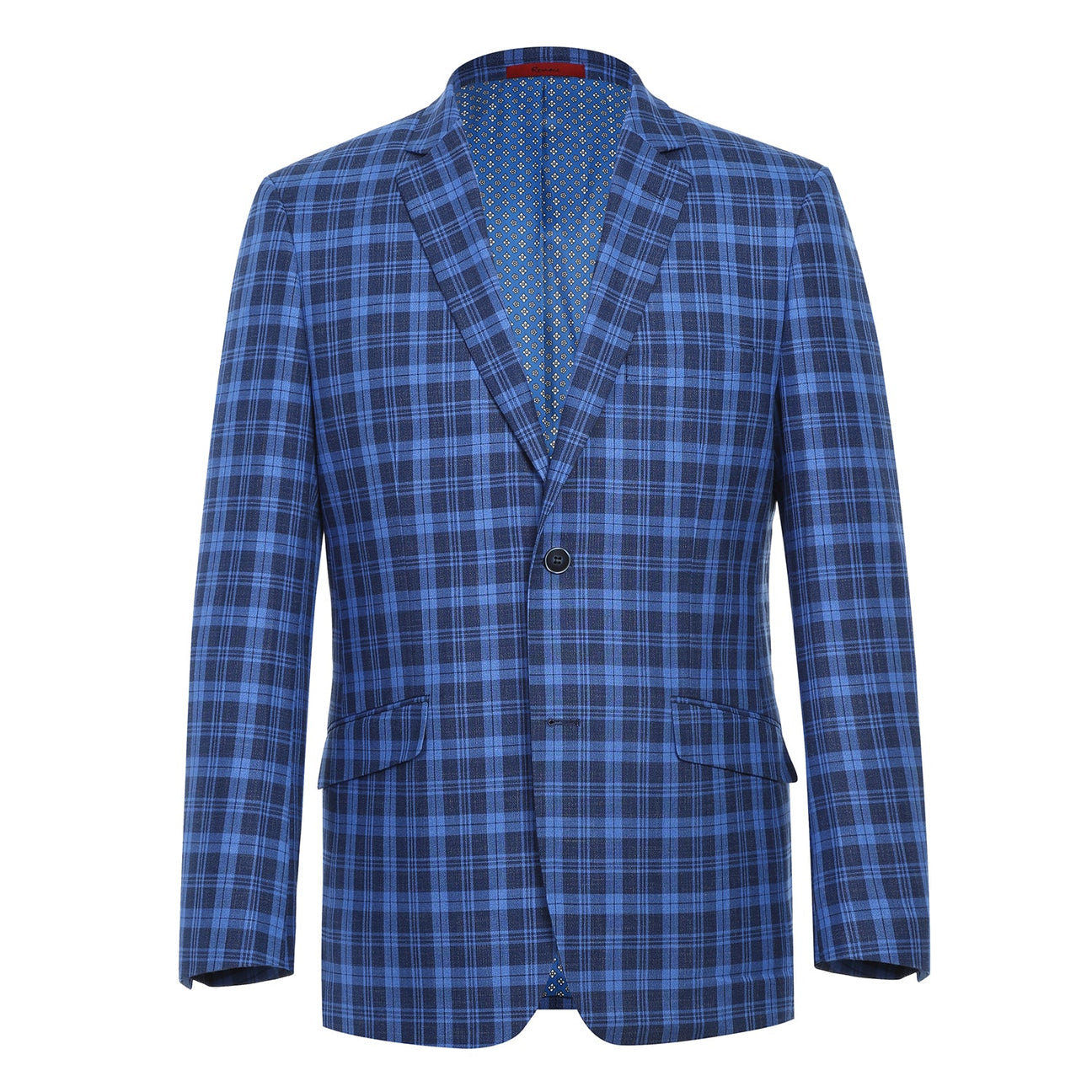 The Renoir Alessandro Vitello Slim Fit Blazer in royal blue (294-17) features classic notch lapels, a single button closure, and is styled with a white shirt and dark red polka dot tie on a mannequin for a refined look.