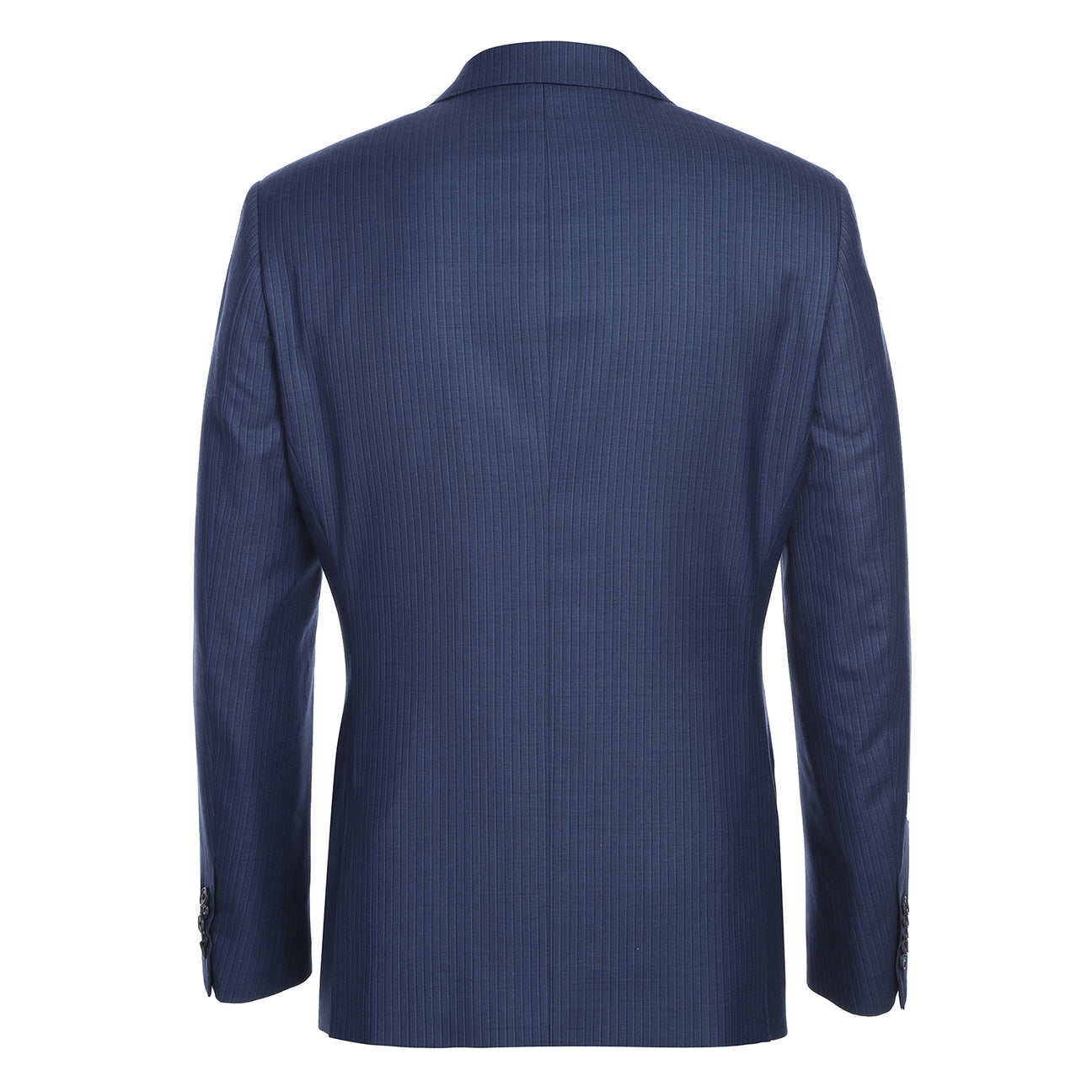 The English Laundry ENGLISH LAUNDRY 2pc Wool Suit Navy EL22-33-411 is a slim fit men's two-button jacket with blue pinstripes, side pockets, and a patterned inner lining, shown on a white background.