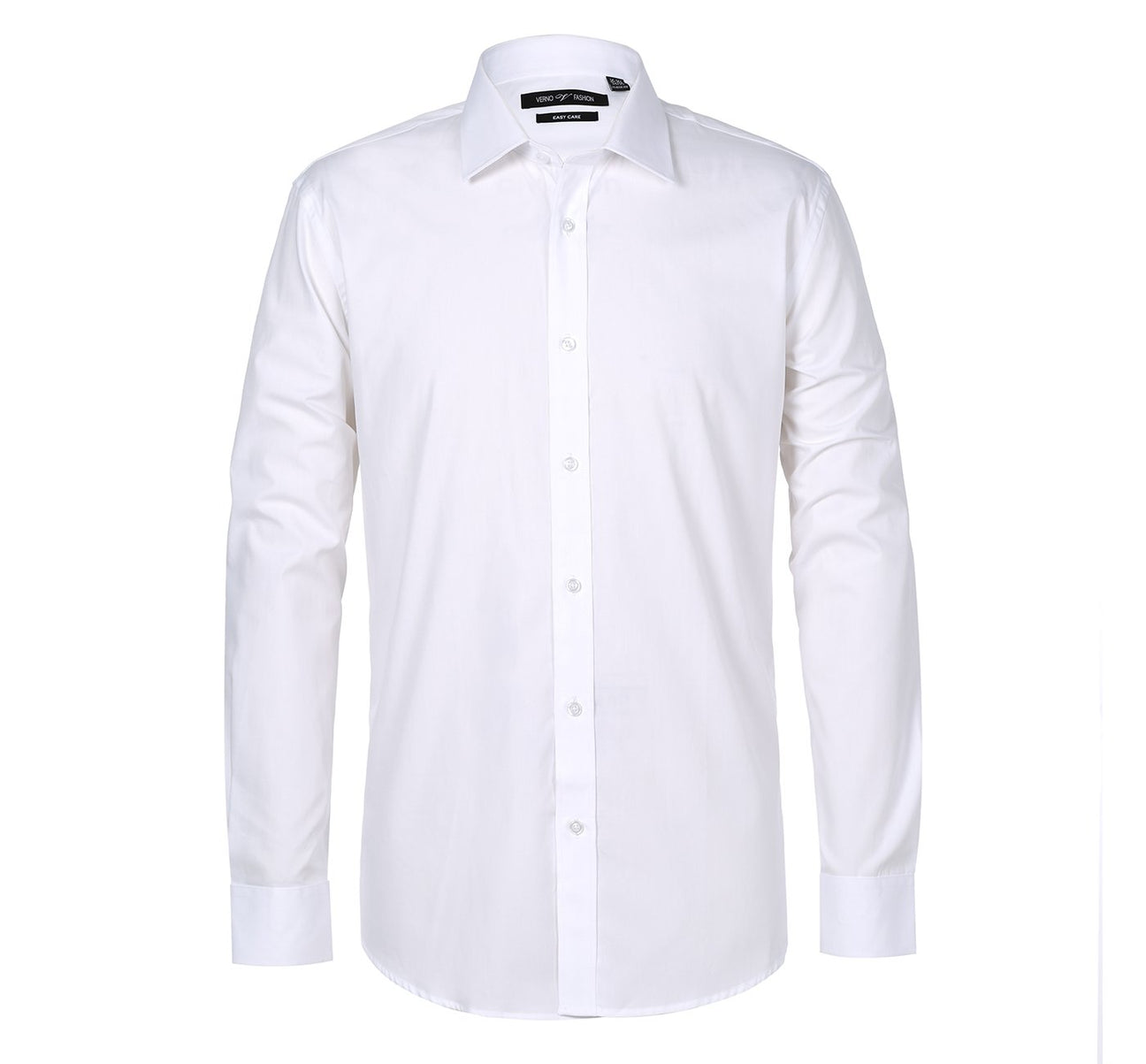The Renoir VERNO White Classic Fit Long Sleeve Travel Easy-Care Cotton Dress Shirt (CS0220) is neatly folded, with a spread collar and buttoned cuffs, shown beside a circular fabric close-up highlighting its wrinkle resistance.