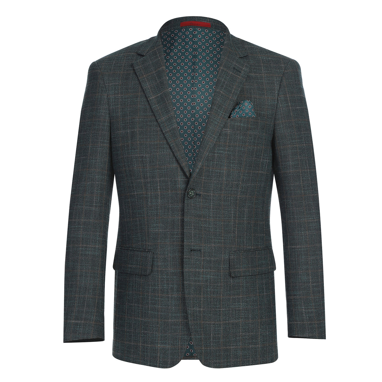 The Alessandro Vitello by Renoir New Slim Fit Blazer Green 294-48, a single-breasted jacket with peak lapels, is displayed on a mannequin. Paired with a white shirt and patterned beige tie and pocket square, this ensemble offers a sleek slim fit for the modern sophisticate.