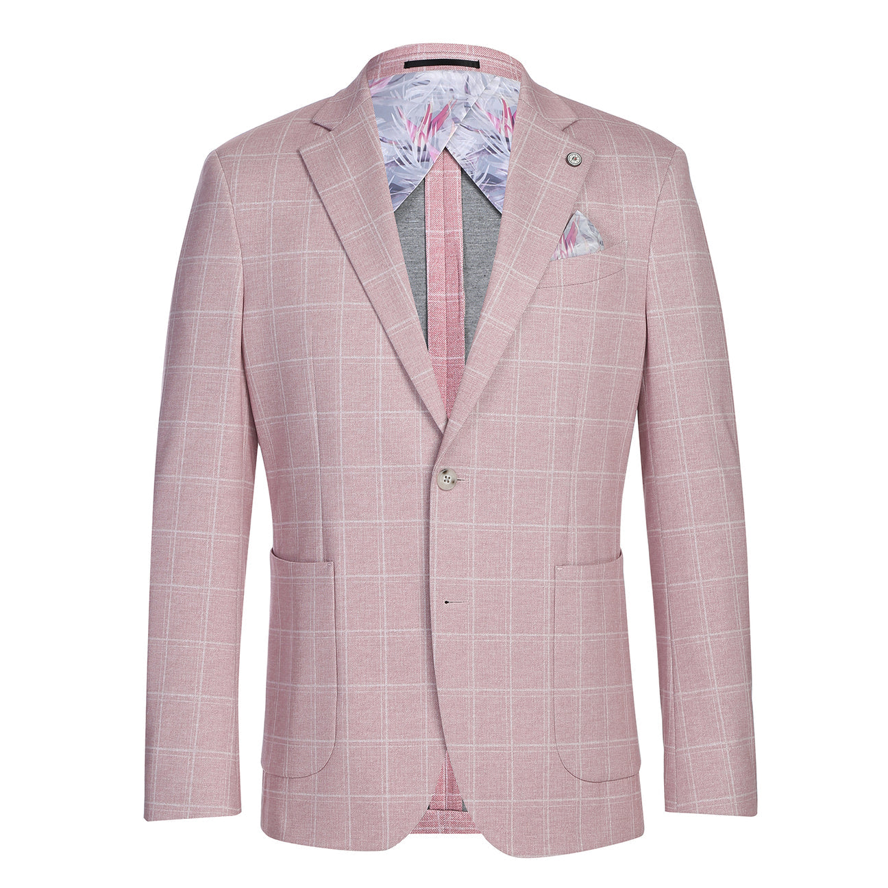 The Pellagio Pink Men's Slim Fit Riserva Jacket PS26-8 features notch lapels, two buttons, front pockets, and a matching pocket square. Shown on a mannequin with a white shirt and striped tie. Brand: Pellagio.