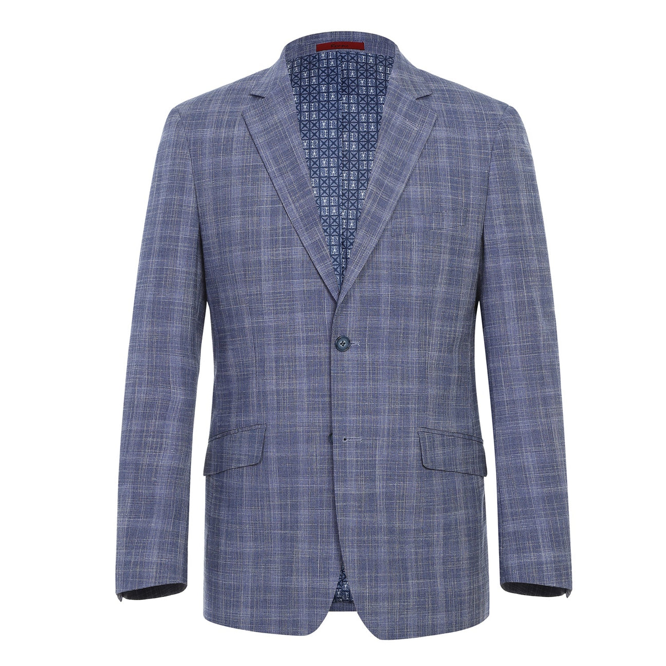 The Alessandro Vitello by Renoir Slim Fit Checked Suit Blue 293-24, featuring a blue plaid notch lapel jacket paired with a white dress shirt and an orange patterned tie, is elegantly displayed on a mannequin. Its polyester rayon blend ensures both comfort and style.