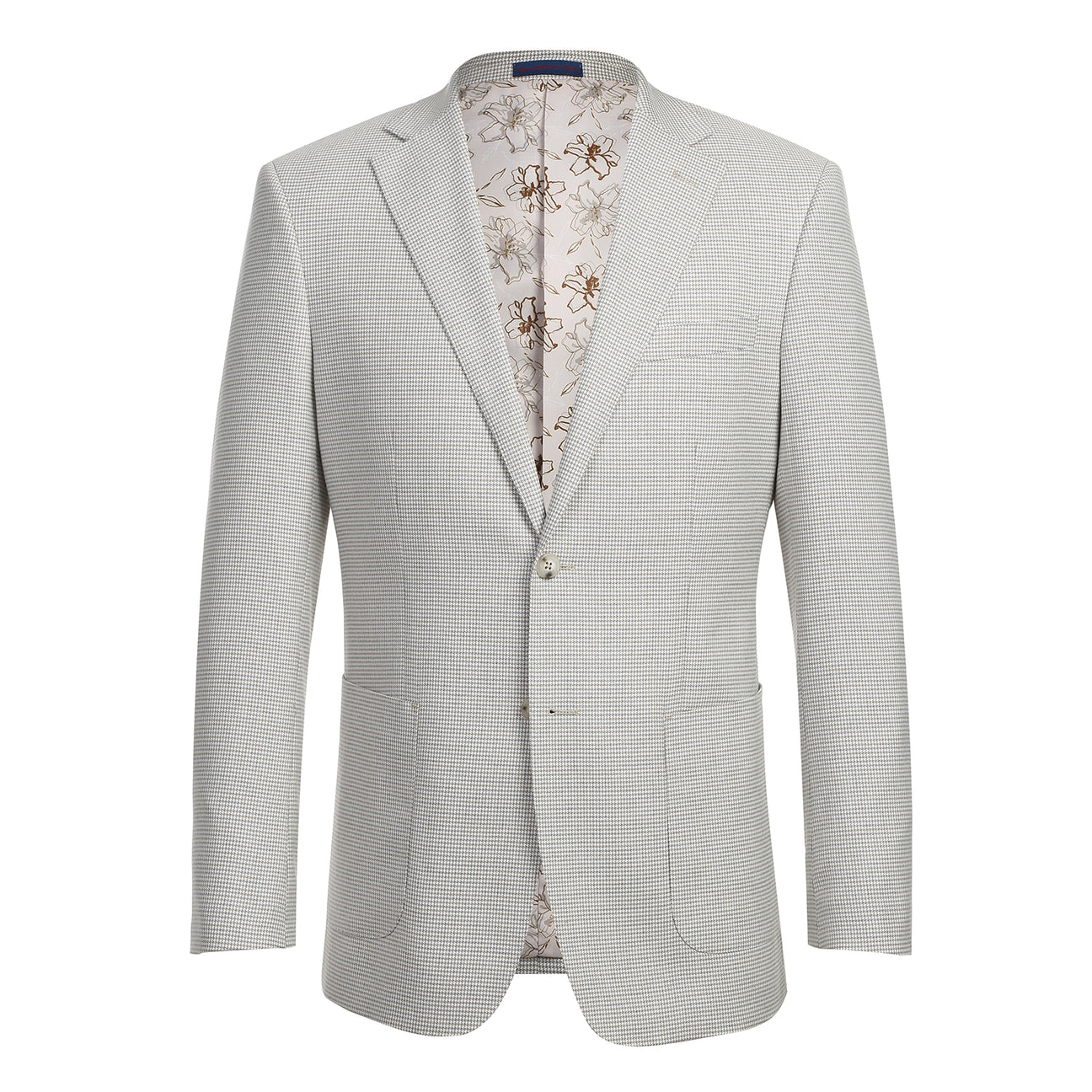 The English Laundry Smoke Grey Check Suit 12-20-600EL features a light gray slim fit jacket with a two-button closure, patch pockets, and is styled with a white shirt and striped red, black, and beige tie on a torso mannequin.