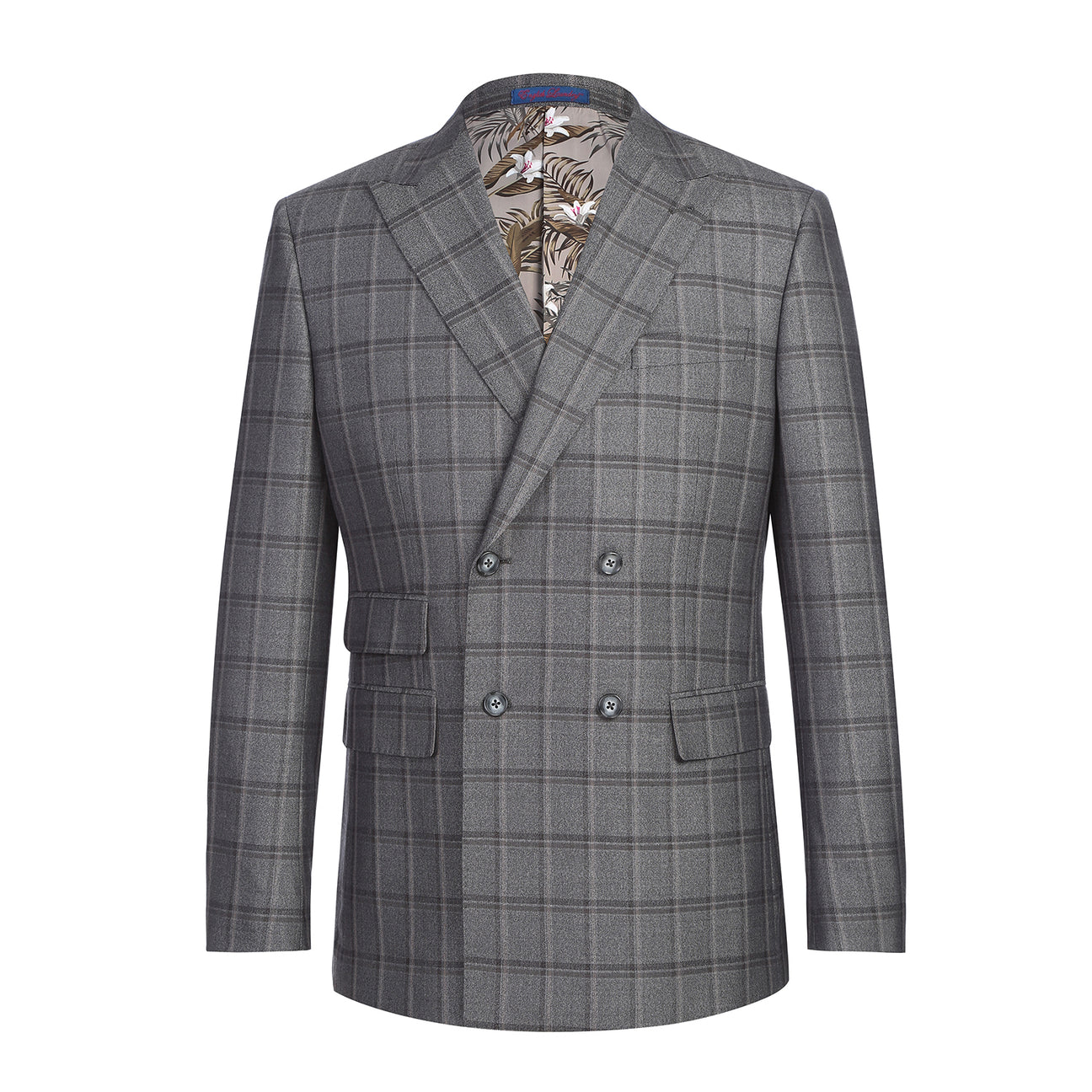 The English Laundry Double-breasted Gray Check Suit 22-50-092EL features peak lapels, matching buttons, and flap pockets, styled with a white dress shirt and red patterned tie for timeless men's formalwear.