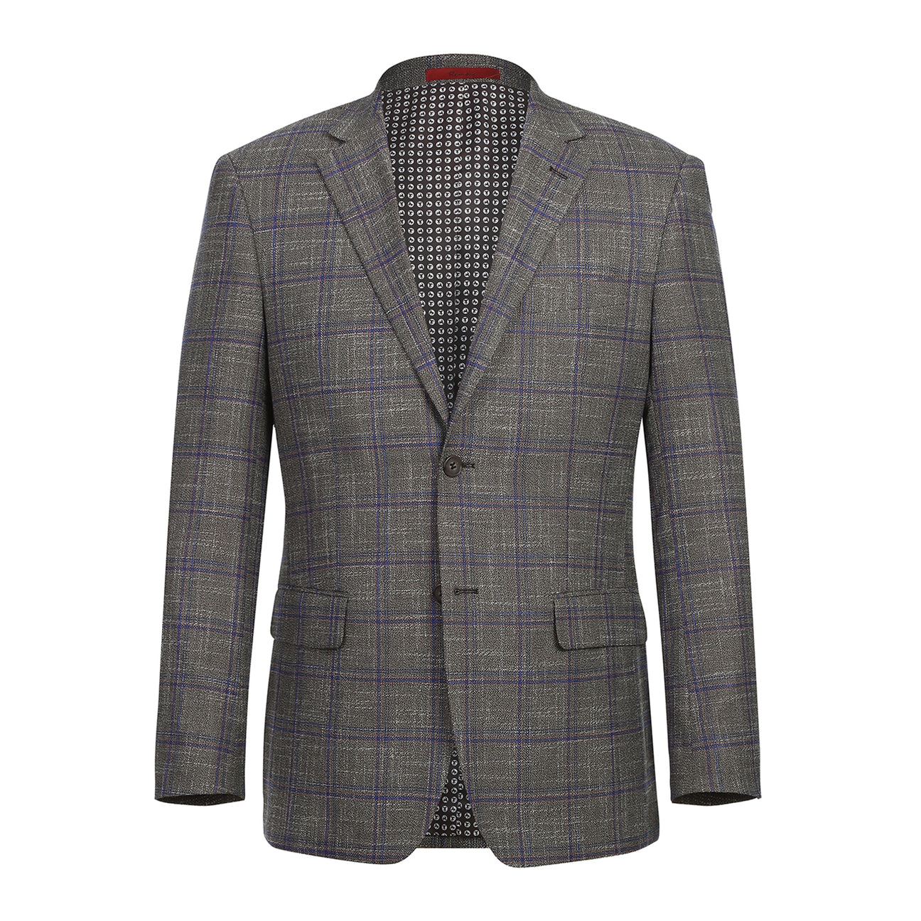 The Renoir Alessandro Vitello Slim Fit Sport Coat 294-29, a gray plaid jacket with purple stripes and a notch lapel, is stylishly displayed on a mannequin with a white dress shirt and orange patterned tie.