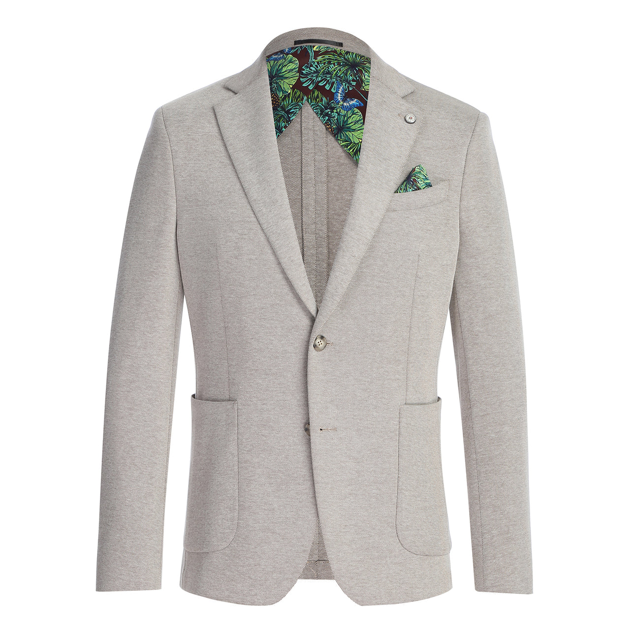 The Pellagio Camel Men's Slim Fit Riserva Jacket PS26-1 by Pellagio, in a sleek single-breasted design with two buttons, is styled on a mannequin with a white shirt, red-blue plaid tie, and green pocket square.