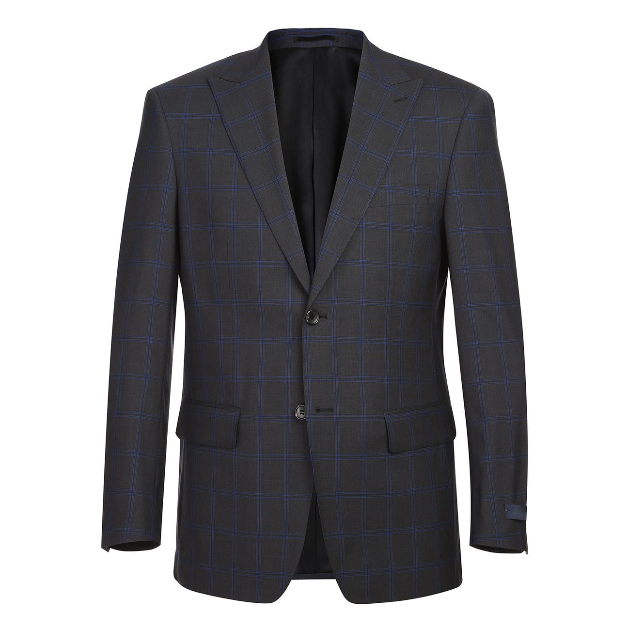 The Alessandro Vitello ALESSANDRO VITELLO New Slim Fit Wool 566-8 Suit features a navy check single-breasted jacket on a mannequin, paired with a white shirt and blue striped tie. Made from 100% wool, it offers stylish comfort for formal occasions.