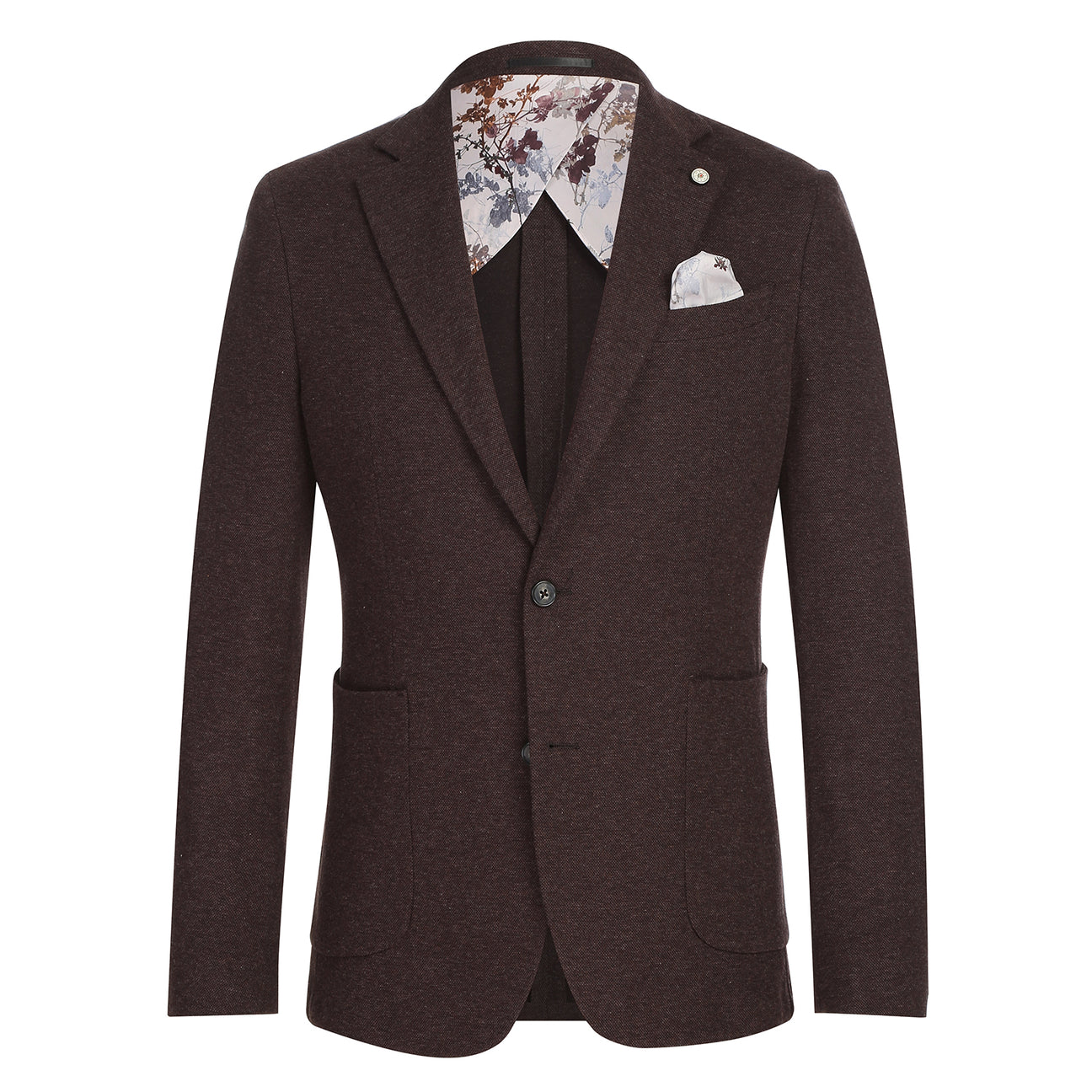 The Pellagio Men's Slim Fit Riserva Jacket Brown PF25-11 is displayed on a mannequin, styled with a white dress shirt, orange and navy striped tie, and a white pocket square.