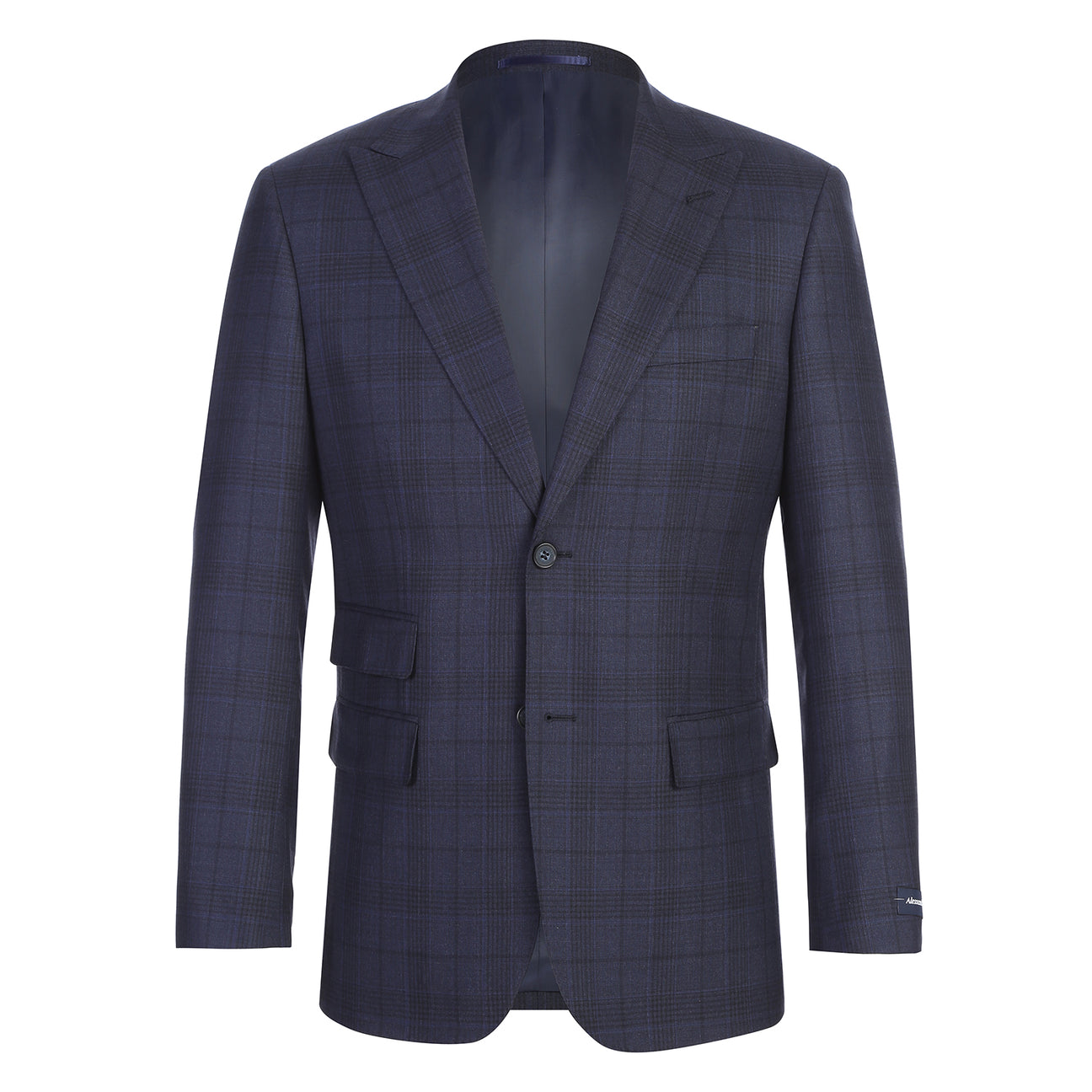 Showcase of Renoir’s Alessandro Vitello New Slim Fit Suit 568-3 in dark blue patterns, with peak lapel jackets, matching flat front pants, fabric/button close-ups, and side vents.