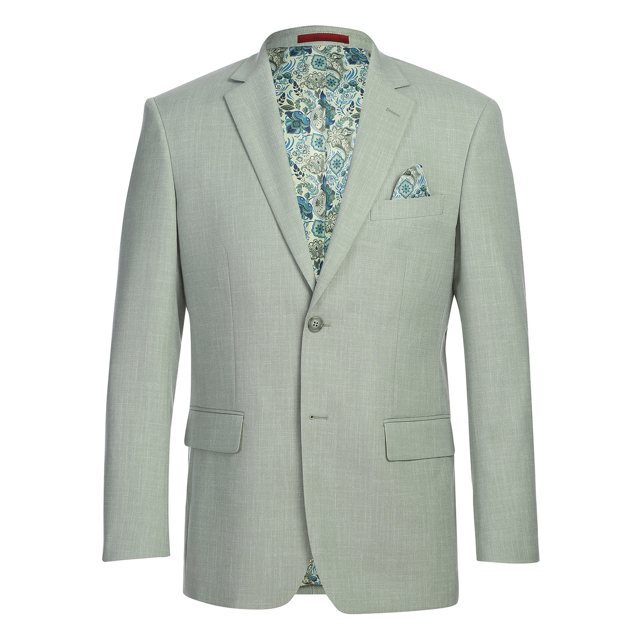 The Alessandro Vitello by Renoir New Slim Fit Light Green Blazer 294-58 is a men's single-breasted jacket with notch lapel, displayed on a mannequin with a white shirt, patterned tie, and matching pocket square.