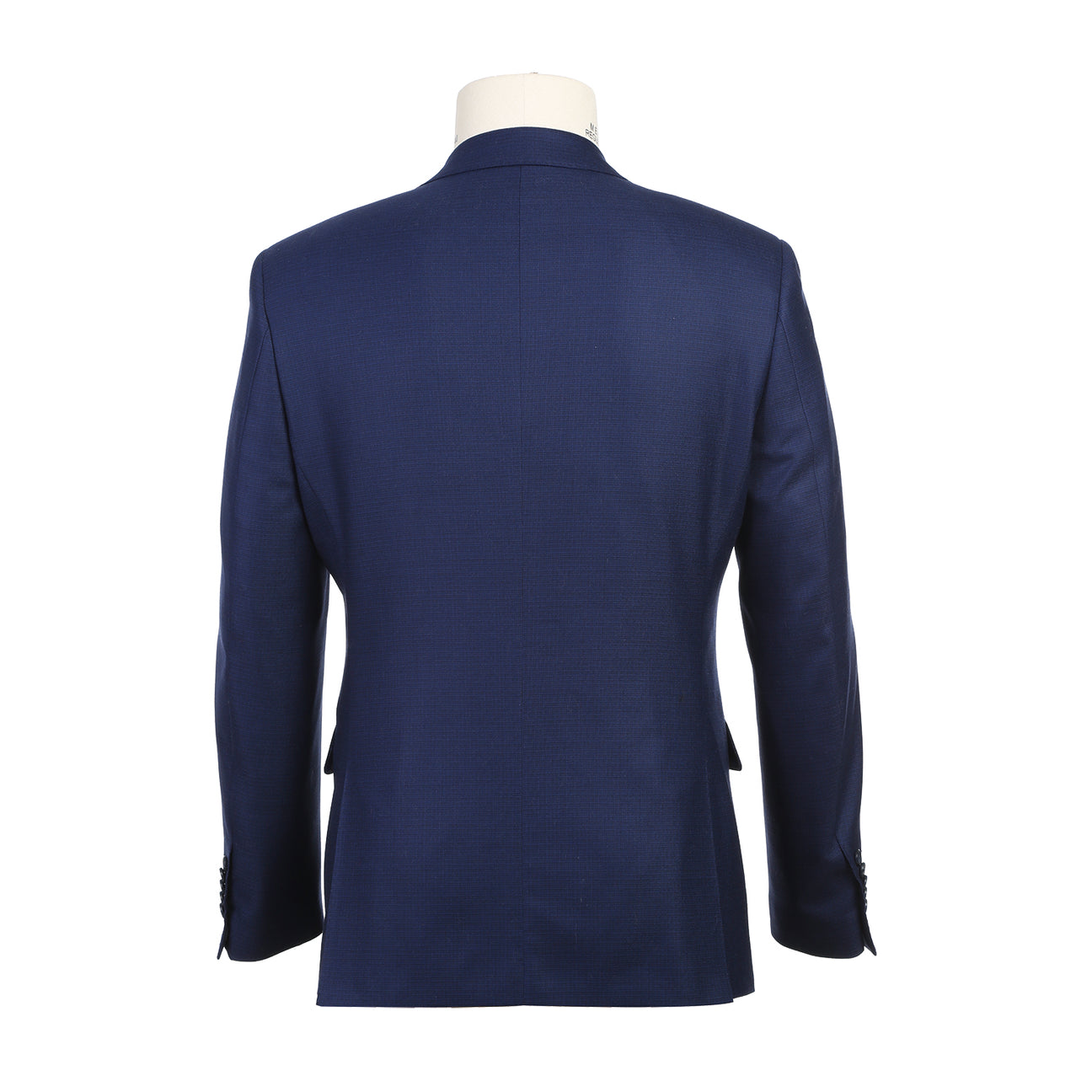 The ENGLISH LAUNDRY Blue Wool Suit EL82-22-411 by English Laundry, with its slim-fit design, is stylishly displayed on a mannequin alongside a crisp white shirt and an orange patterned tie.