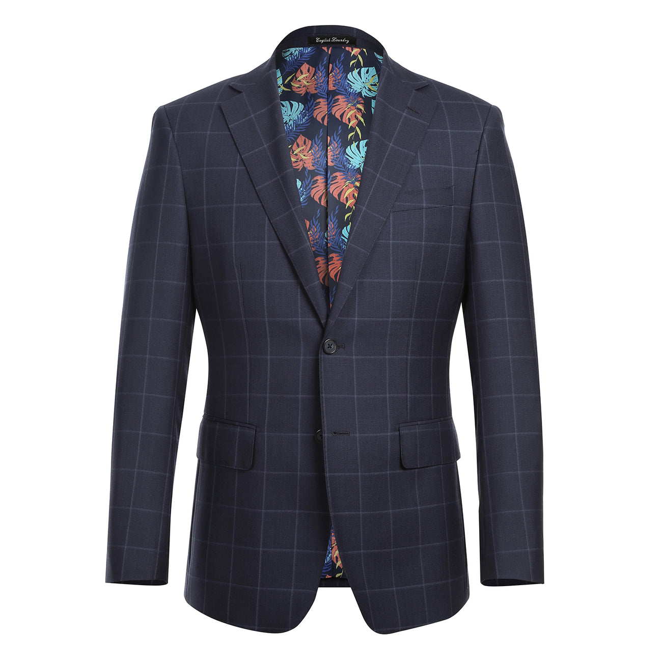 The ENGLISH LAUNDRY Blue Wool Suit EL92-52-410 by English Laundry, featuring notch lapels and a sharp slim fit, is styled on a mannequin with a white shirt and burgundy dotted tie.