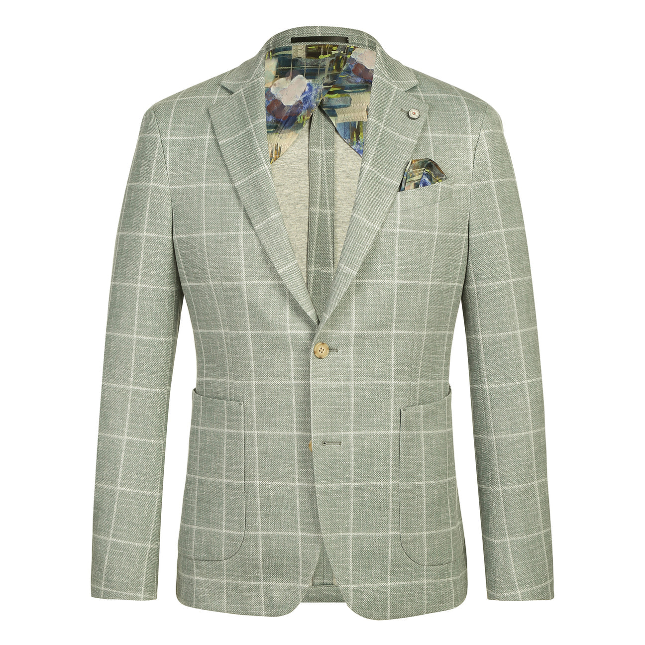 The Pellagio Men's Half Canvas Blazer Green PS25-5, by Pellagio, is shown on a mannequin with a notched lapel, white shirt, striped brown tie, and patterned pocket square.
