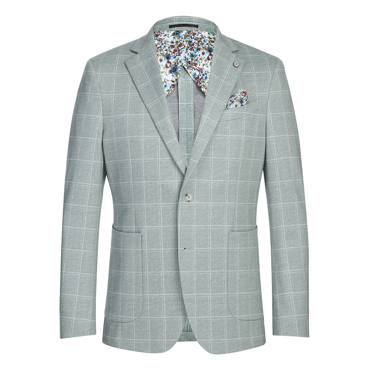The Pellagio Light Green Men's Slim Fit Riserva Jacket PS26-9, styled with a white dress shirt, striped tie, and patterned pocket square, is displayed on a mannequin.