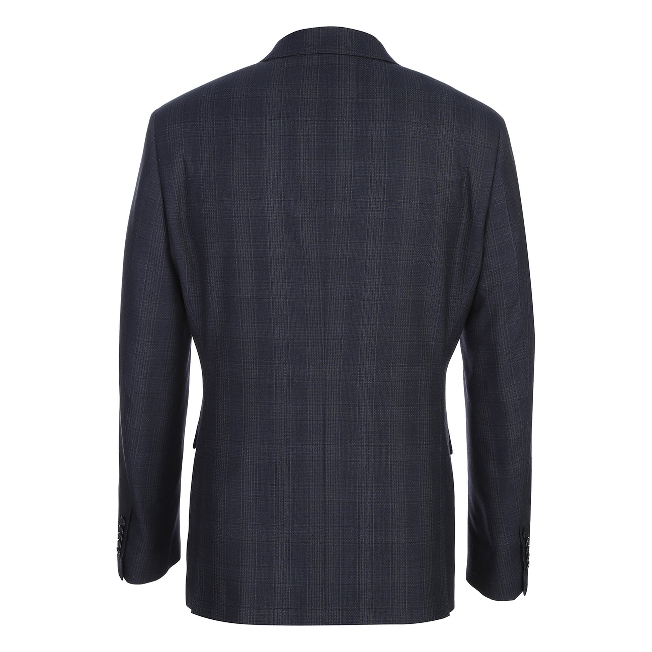 A man wears the English Laundry ENGLISH LAUNDRY 2pc Wool Suit Navy EL22-60-410; close-ups highlight its navy plaid fabric (90% wool, 10% polyester), inner lining, buttons, and embroidered label.