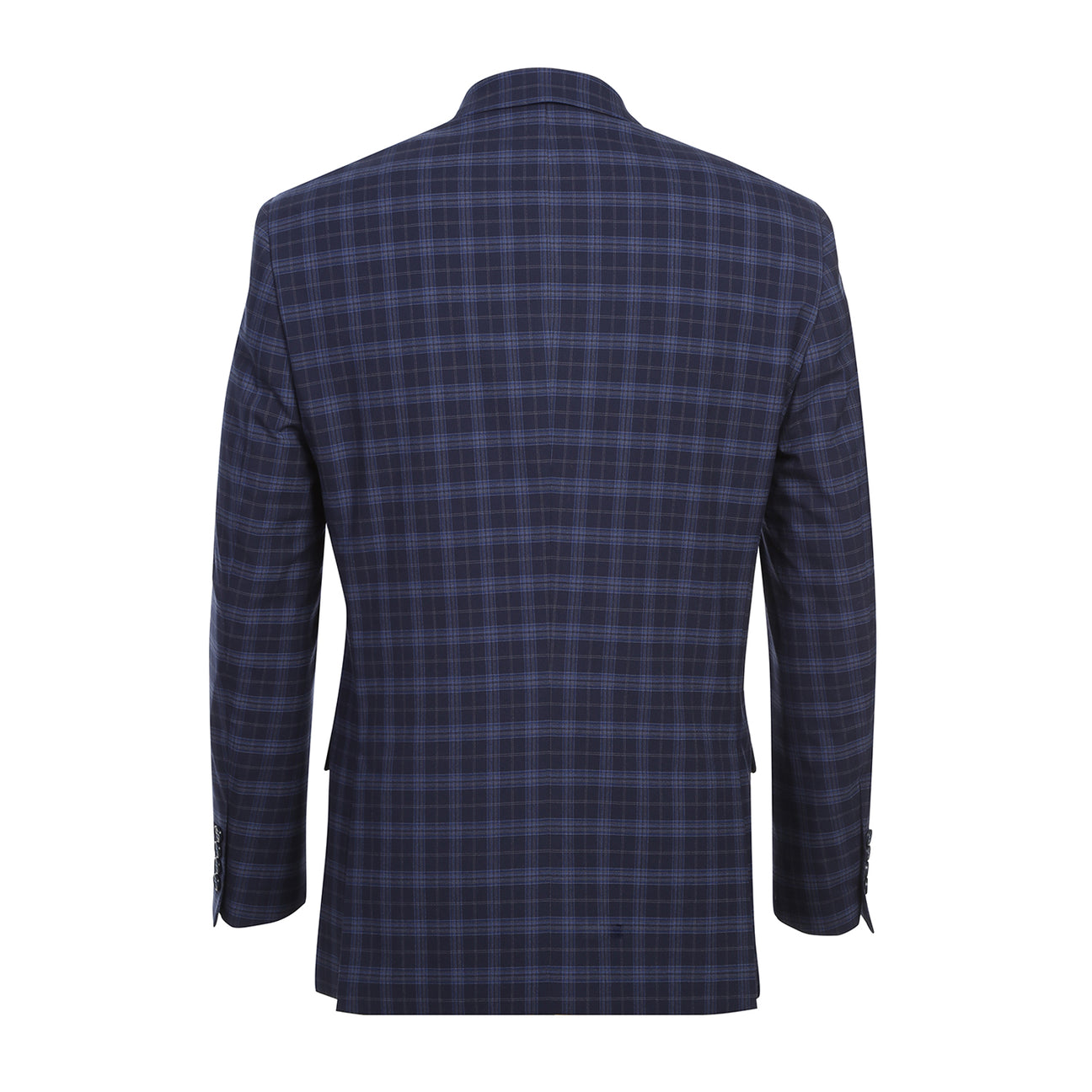 The Alessandro Vitello by Renoir slim fit suit jacket in navy, with a two-button closure, is showcased on a mannequin with a white shirt and maroon polka dot tie, made from a stylish blend of polyester, rayon, and spandex.