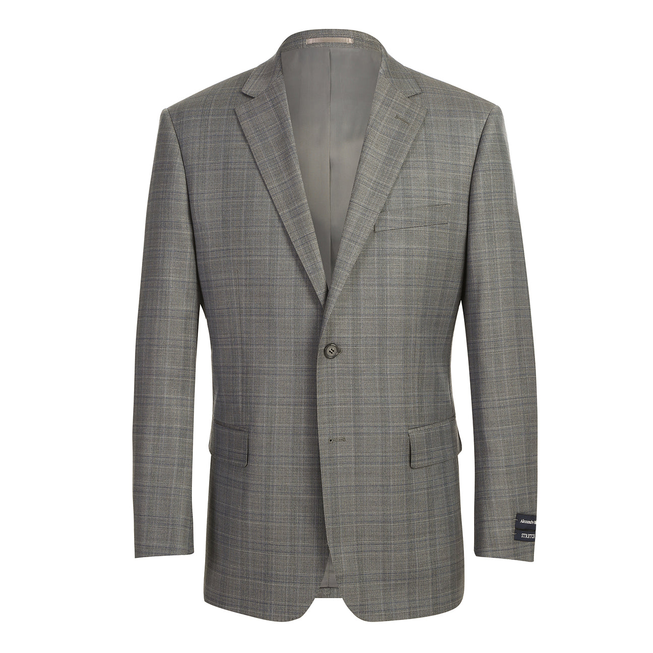 The Renoir Alessandro Vitello by Renoir Classic Fit Wool Suit 566-12, a gray plaid men's two-button jacket with notch lapels, is styled on a mannequin with a white dress shirt and red patterned tie.