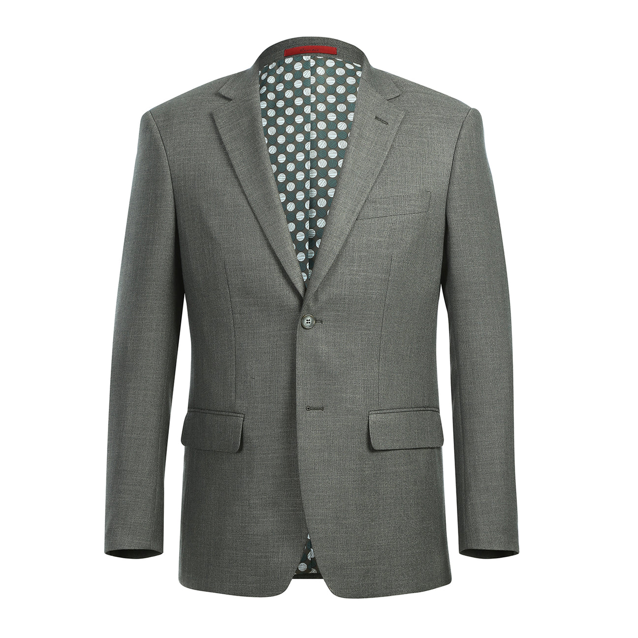 A mannequin displays the Alessandro Vitello by Renoir New Slim Fit Sport Coat 294-27, a gray men's slim fit blazer featuring a single-button front and notch lapel, with pocket flaps. A blue striped tie and white shirt are visible underneath.