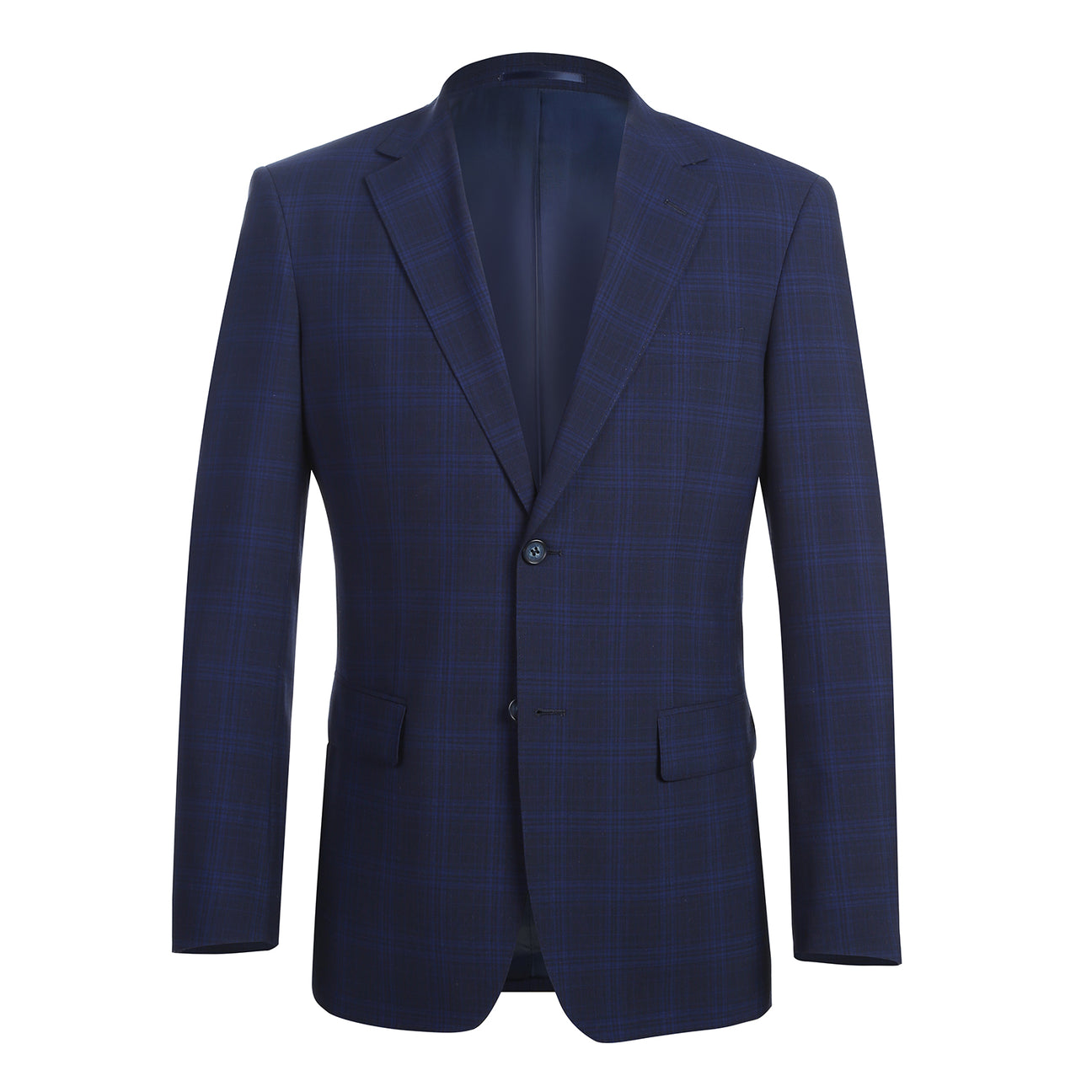 The Alessandro Vitello ALESSANDRO VITELLO New Slim Fit Wool Blue Suit 566-7 is shown on a headless mannequin with a white dress shirt and red patterned tie.