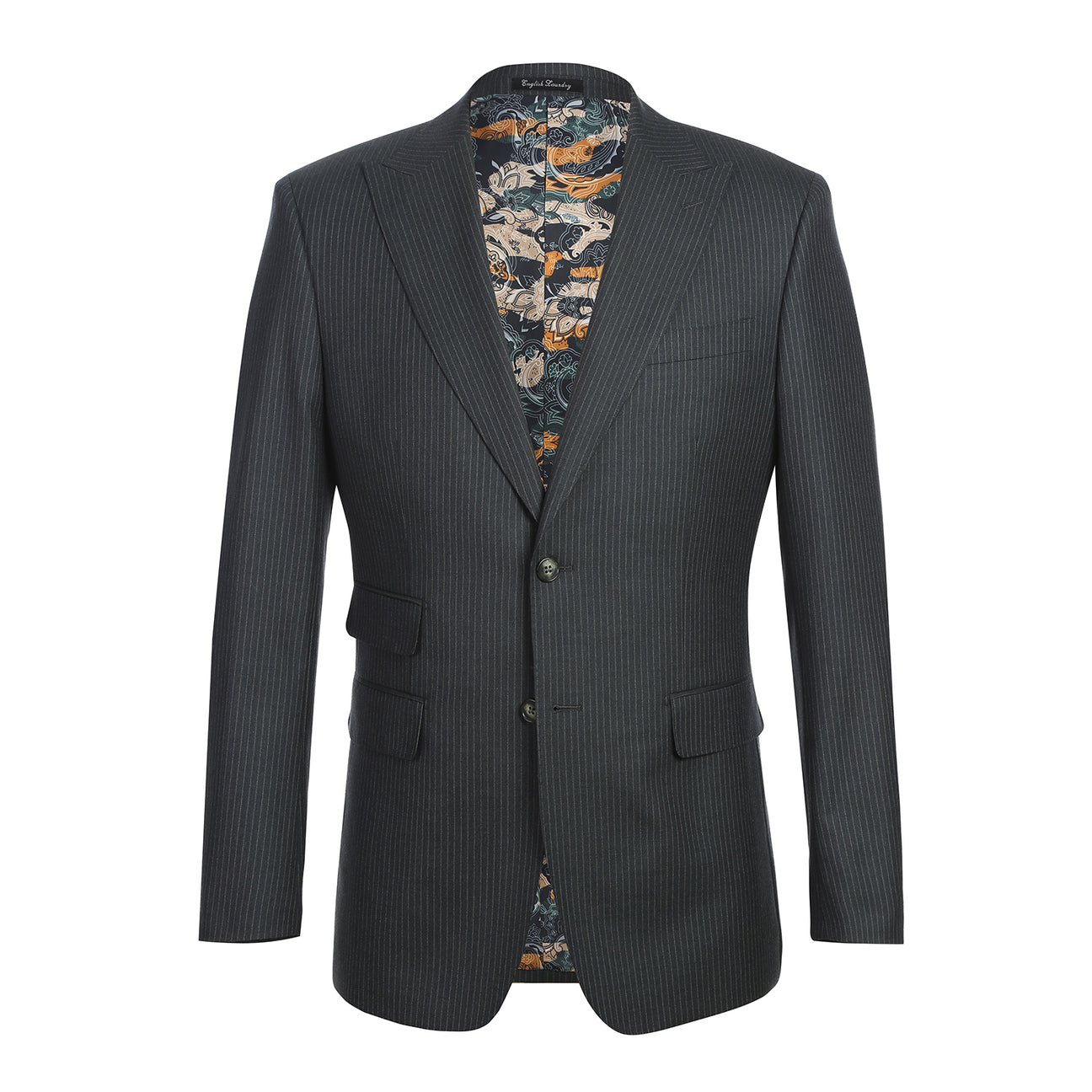 The ENGLISH LAUNDRY Black Stripe Suit EL12-33-341 by English Laundry is shown on a headless mannequin, styled with a white dress shirt and striped tie against a plain background.