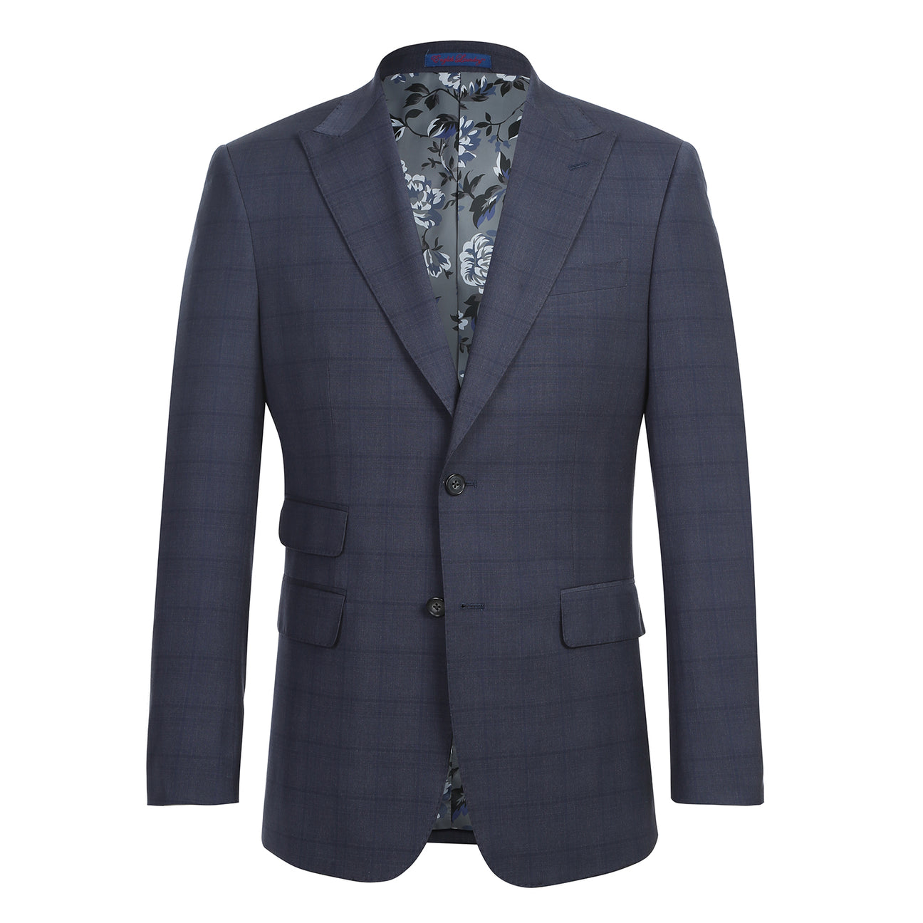 The ENGLISH LAUNDRY Grey Blue Check Suit 12-52-095EL by English Laundry is styled over a white dress shirt and a patterned blue tie, displayed on a headless mannequin.