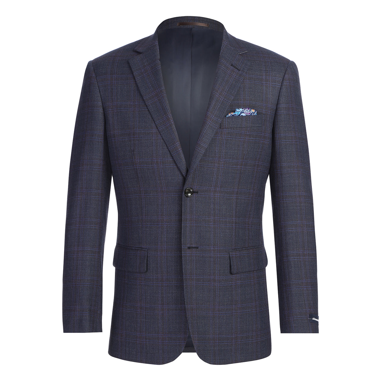 The Renoir Alessandro Vitello New Slim Fit Wool Brown Blazer 567-3 is expertly tailored from 100% wool; close-ups highlight its lapel and buttoned sleeve details. Paired with a striped tie and pocket square for added style.