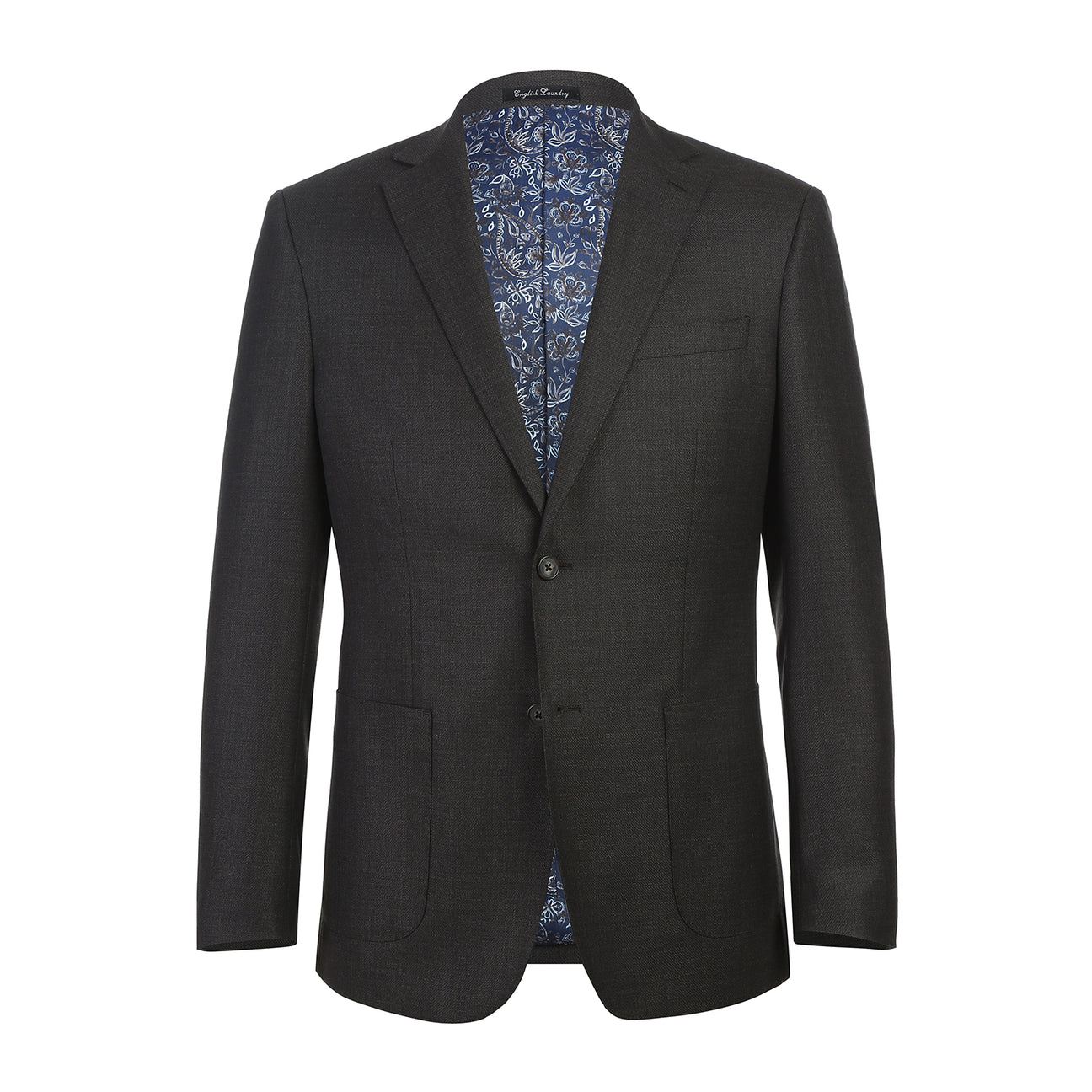 The ENGLISH LAUNDRY Dark Gray Suit EL12-02-095 by English Laundry, styled on a mannequin with a white dress shirt and black, gray, and silver striped tie, offers a refined slim fit suit look.