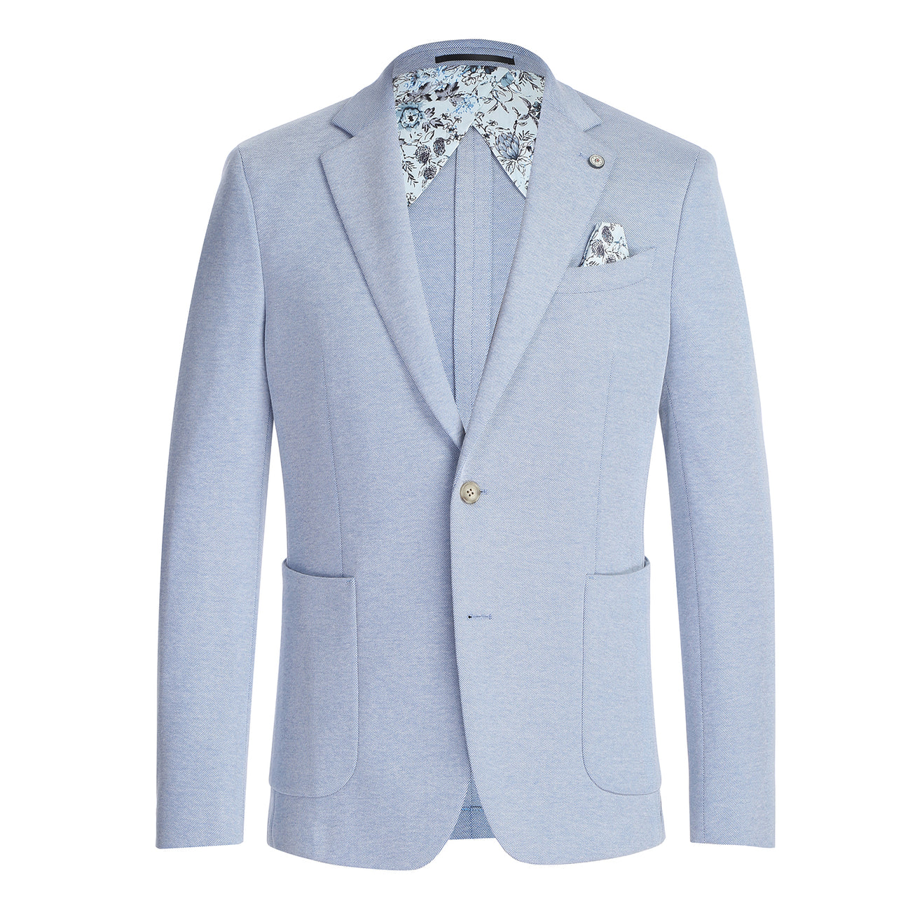 The Pellagio Light Blue Men's Slim Fit Riserva Jacket PS26-4 is shown on a mannequin, styled with a white shirt, multicolored plaid tie, and patterned pocket square for a modern Pellagio look.